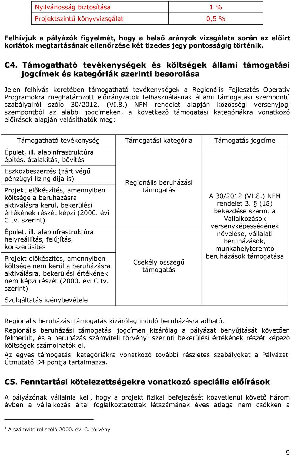 Támogatható tevékenységek és költségek állami támogatási jogcímek és kategóriák szerinti besorolása Jelen felhívás keretében támogatható tevékenységek a Regionális Fejlesztés Operatív Programokra