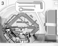 278 Autóápolás 3. változat: 4-ajtós lépcsőshátú Az emelő és a szerszámok a szerszámosládában vannak a pótkerék alatt a csomagtartóban.