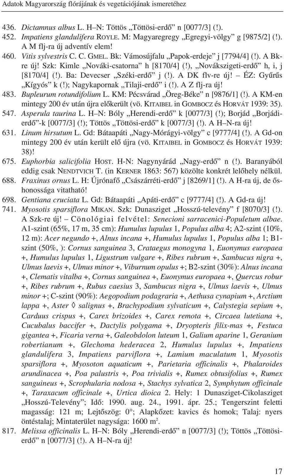 Szk: Kimle Nováki-csatorna h [8170/4] (!), Novákszigeti-erdõ h, i, j [8170/4] (!). Ba: Devecser Széki-erdõ j (!). A DK flv-re új! ÉZ: Gyûrûs Kígyós k (!); Nagykapornak Tilaji-erdõ i (!). A Z flj-ra új!