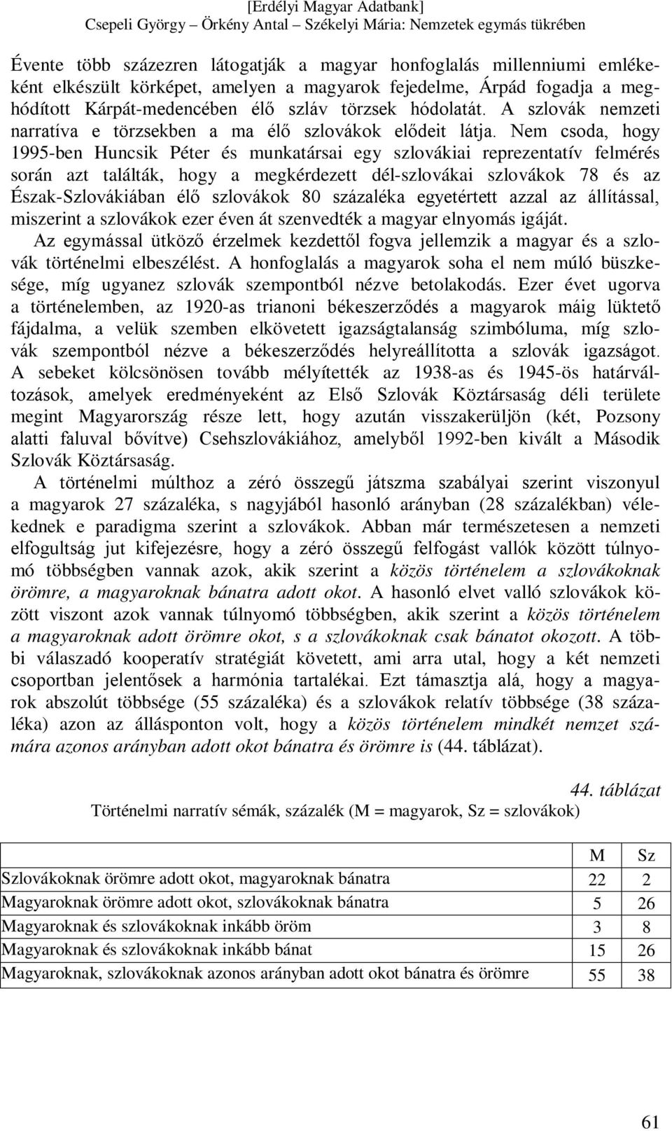 Nem csoda, hogy 1995-ben Huncsik Péter és munkatársai egy szlovákiai reprezentatív felmérés során azt találták, hogy a megkérdezett dél-szlovákai szlovákok 78 és az Észak-Szlovákiában élő szlovákok