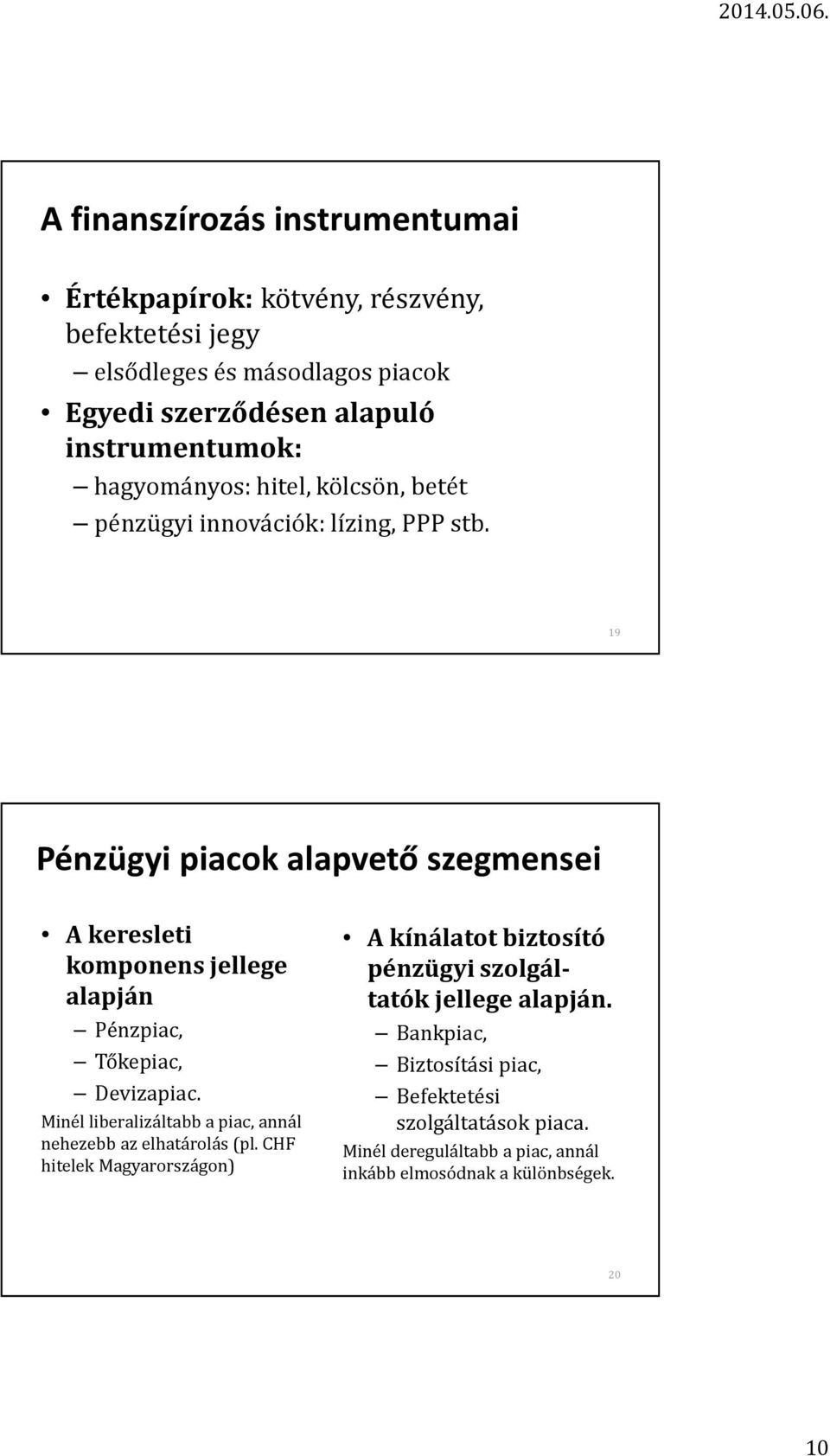 19 Pénzügyi piacok alapvető szegmensei A keresleti komponens jellege alapján Pénzpiac, Tőkepiac, Devizapiac.