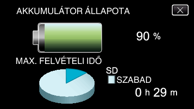 Rögzítés Fennmaradó rögzítési idő ellenőrzése Jelenítse meg az akkumulátor töltöttségi szintjét és a fennmaradó felvételi időt 0 Az akkumulátor töltöttségi szintje és a hátralevő felvételi idő