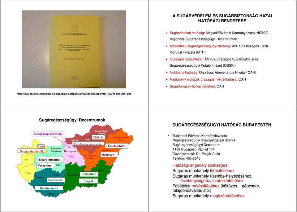 Radioaktív izotópok országos nyilvántartása: OAH Sugárforrások fizikai védelme: OAH http://www.osski.hu/kiadvanyok/izotoposmh/izotoposmunkavedelmiszabalyzat_osski_mu_2011.