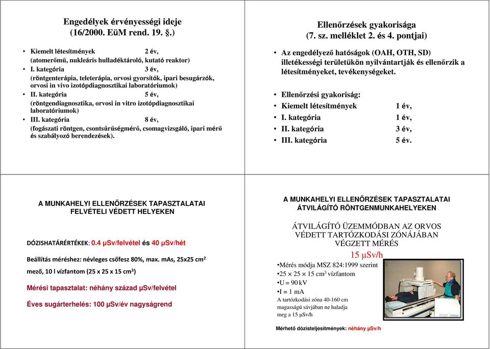 kateg ria 5 v, (r ntgendiagnosztika, orvosi in vitro izot pdiagnosztikai laborat riumok) III. kateg ria 8 v, (fog szati r ntgen, csontsűrűs gm rő, csomagvizsg l, ipari m rő s szab lyoz berendez sek).