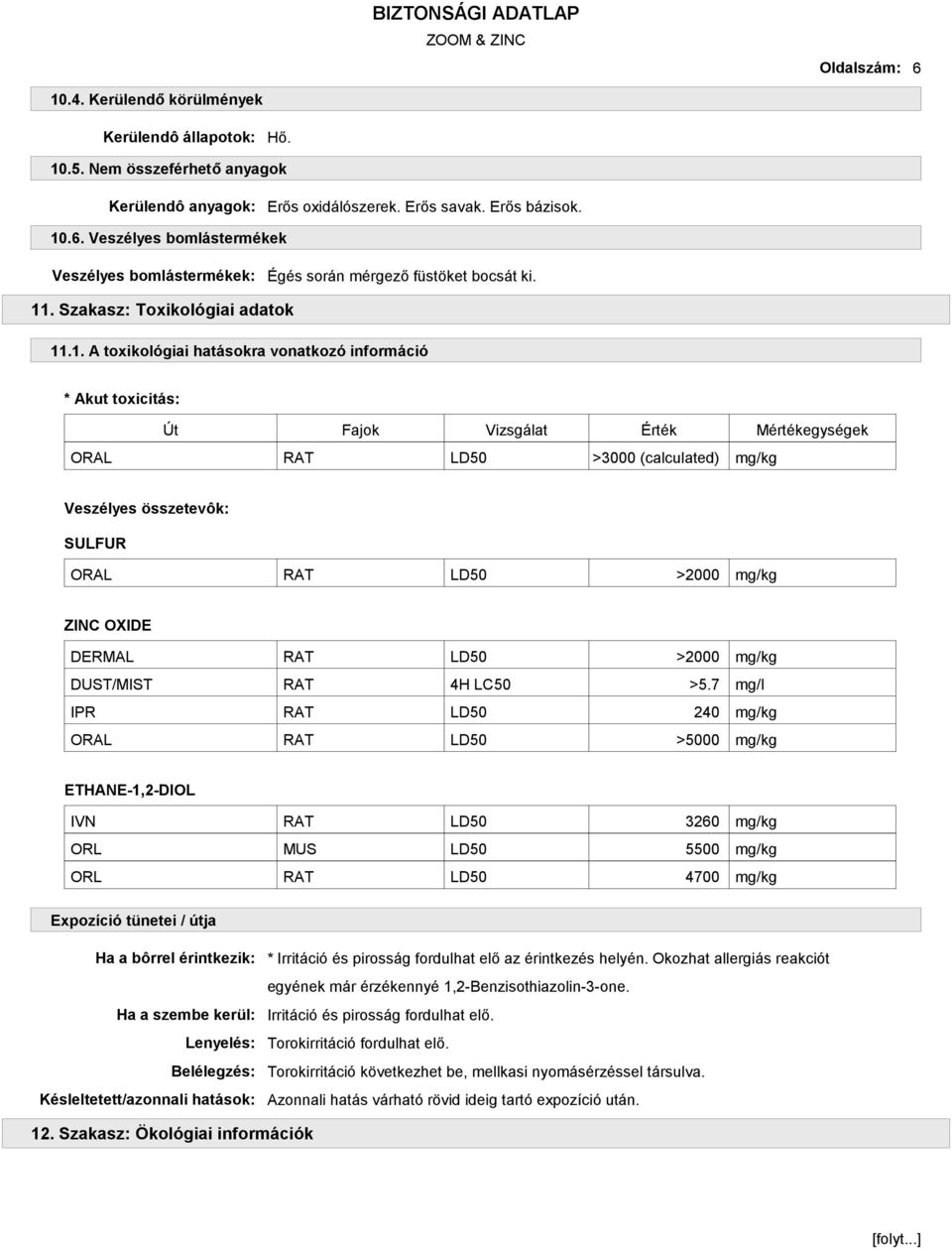 összetevôk: SULFUR ORAL RAT LD50 >2000 mg/kg ZINC OXIDE DERMAL RAT LD50 >2000 mg/kg DUST/MIST RAT 4H LC50 >5.