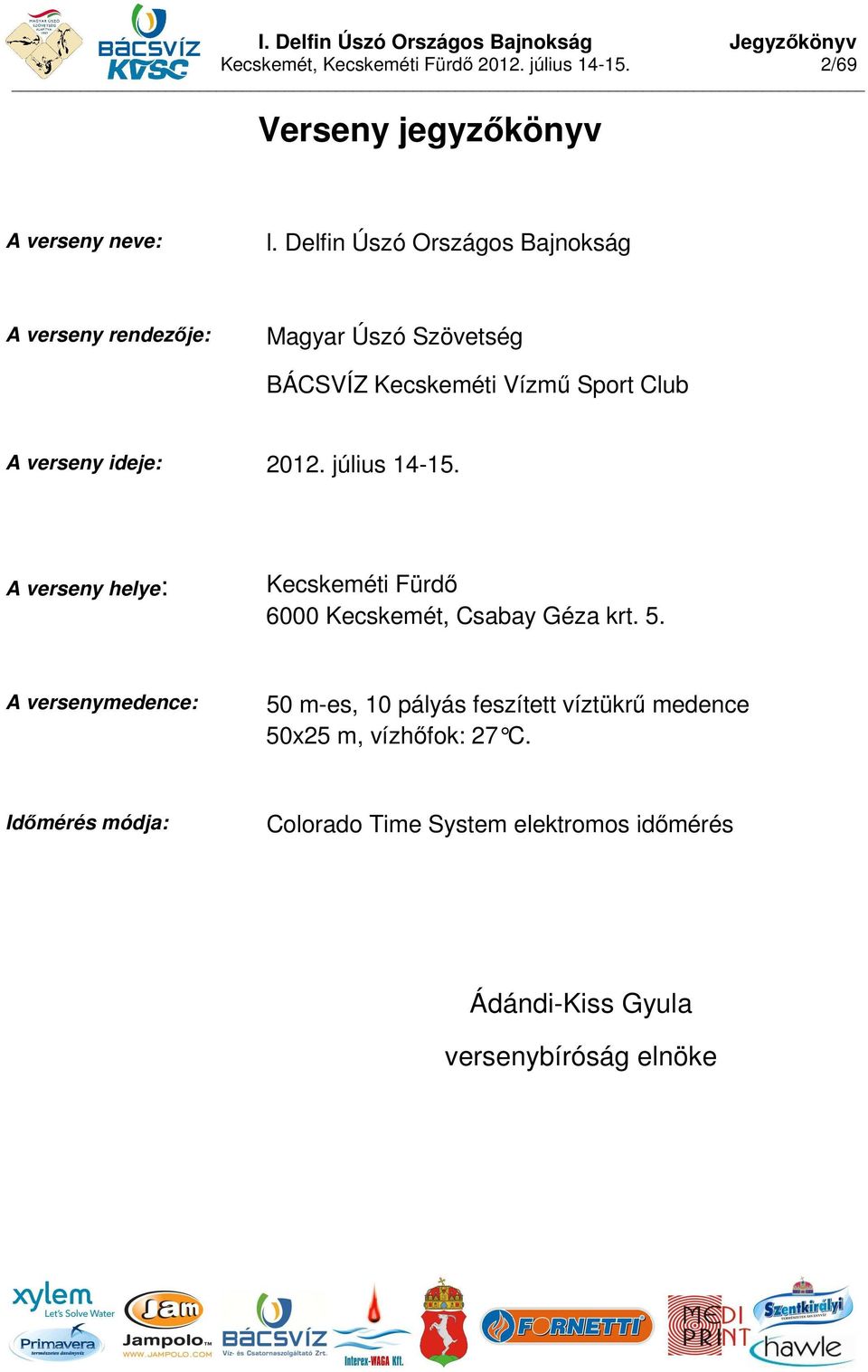 ideje: 2012. július 14-15. A verseny helye: Kecskeméti Fürdő 6000 Kecskemét, Csabay Géza krt. 5.