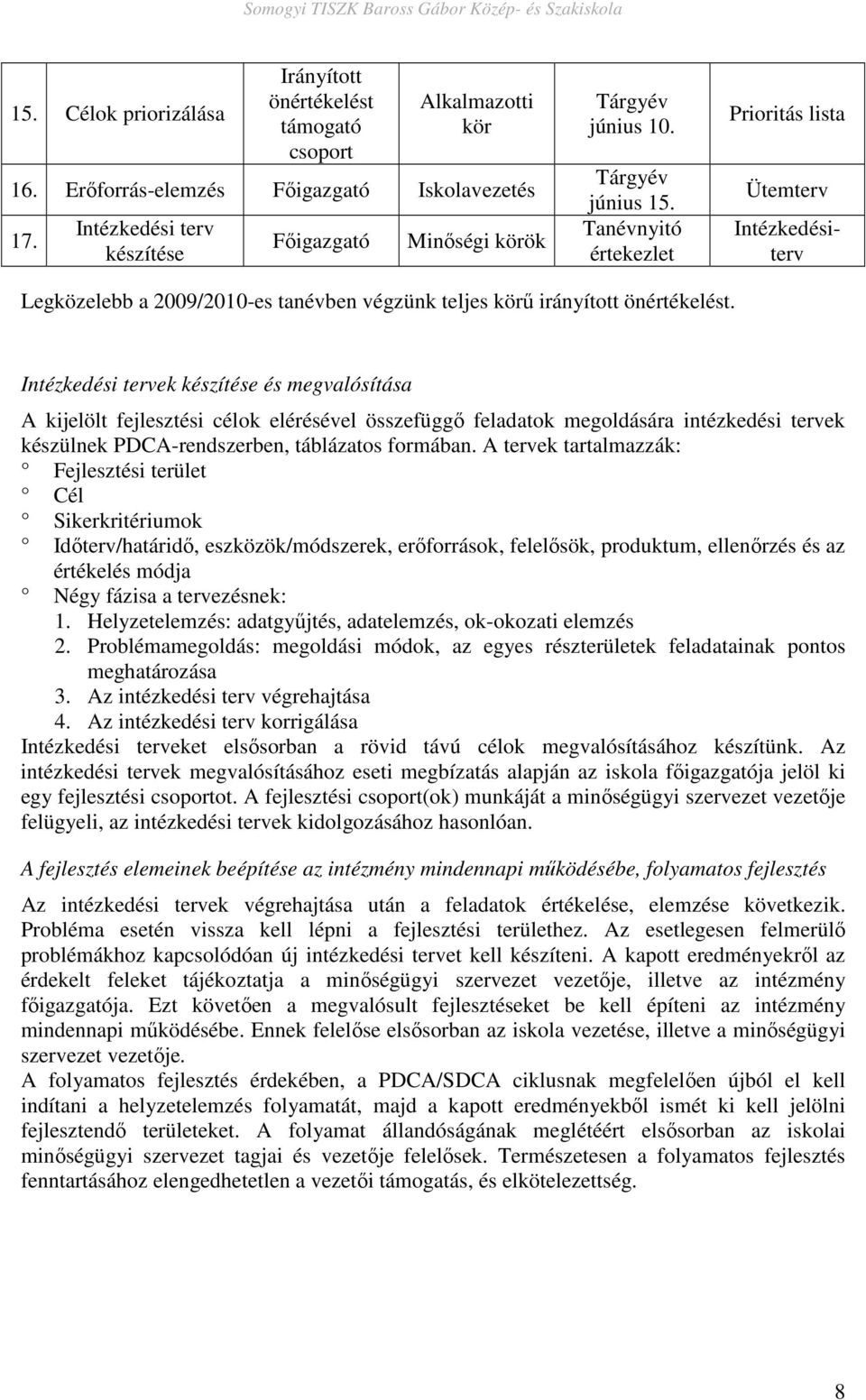 Intézkedési tervek készítése és megvalósítása A kijelölt fejlesztési célok elérésével összefüggı feladatok megoldására intézkedési tervek készülnek PDCA-rendszerben, táblázatos formában.