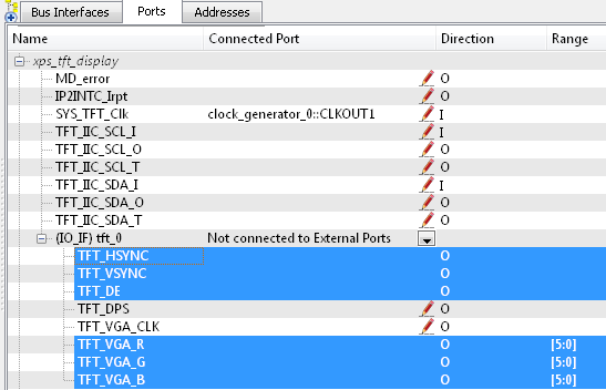 TFT adat/vezérlőjelek külső portokhoz rendelése A következő 5 TFT_* jelre Make external *TFT_VGA_B: 2-bit Blue csat.