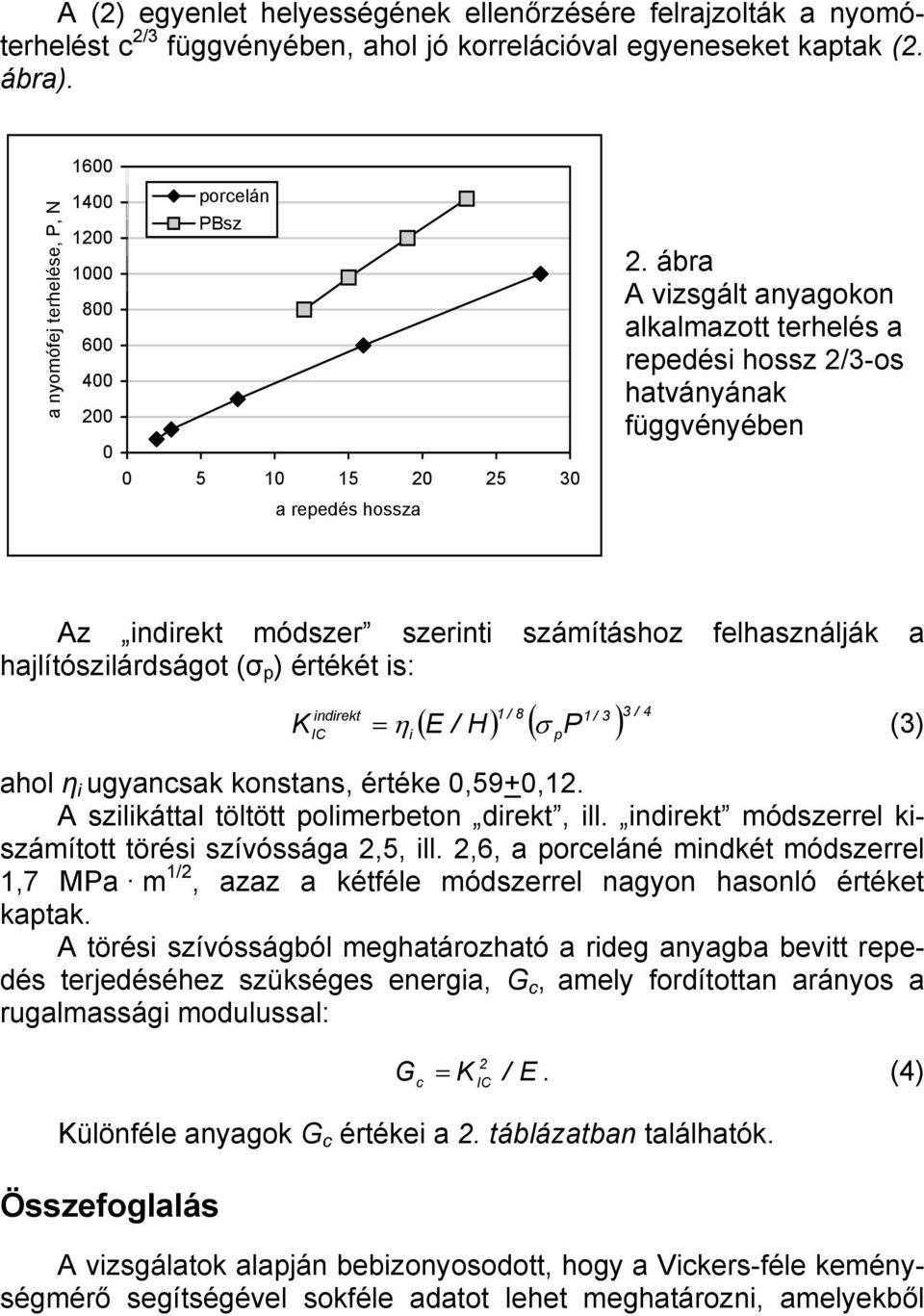 ábra A vizsgált anyagokon alkalmazott terhelés a repedési hossz 2/3-os hatványának Az indirekt módszer szerinti számításhoz felhasználják a hajlítószilárdságot (σ p ) értékét is: K 8 3 ( E / H) 1 / (