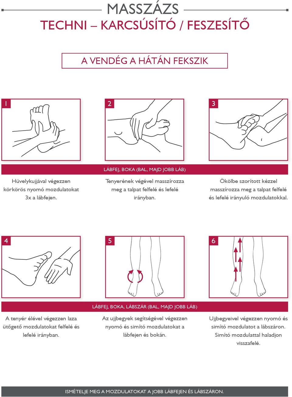 Ökölbe szorított kézzel masszírozza meg a talpat felfelé és lefelé irányuló mozdulatokkal. 4 5 6 A tenyér élével végezzen laza ütőgető mozdulatokat felfelé és lefelé irányban.