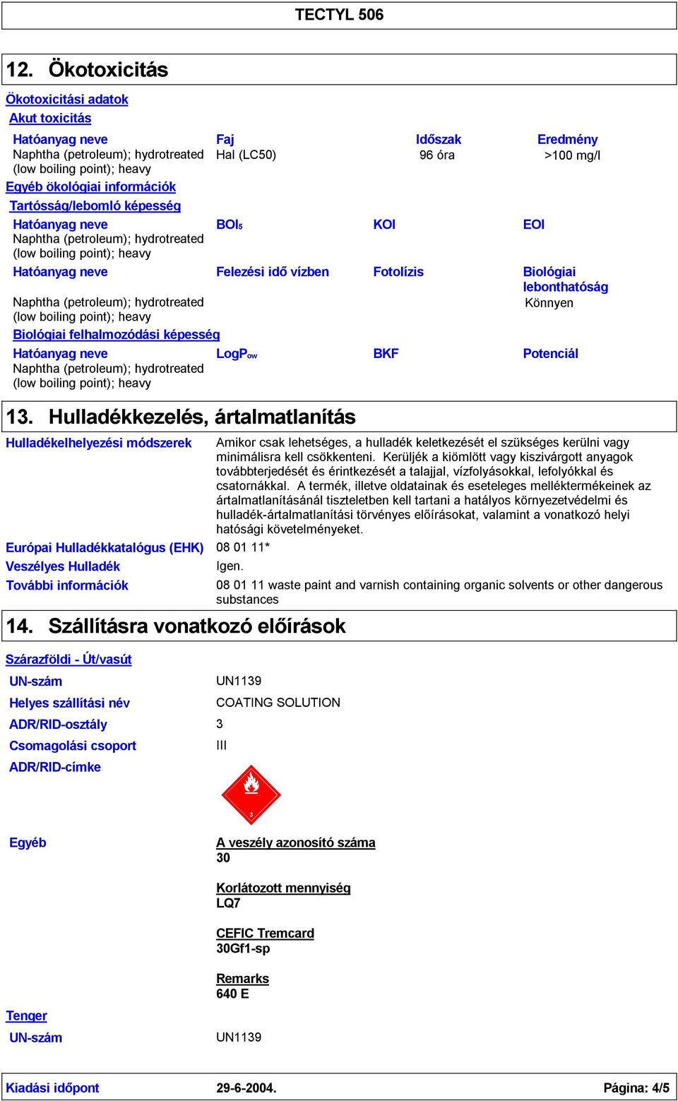 Hulladékkezelés, ártalmatlanítás Hulladékelhelyezési módszerek Európai Hulladékkatalógus (EHK) Veszélyes Hulladék További információk BKF lebonthatóság Könnyen Potenciál Amikor csak lehetséges, a