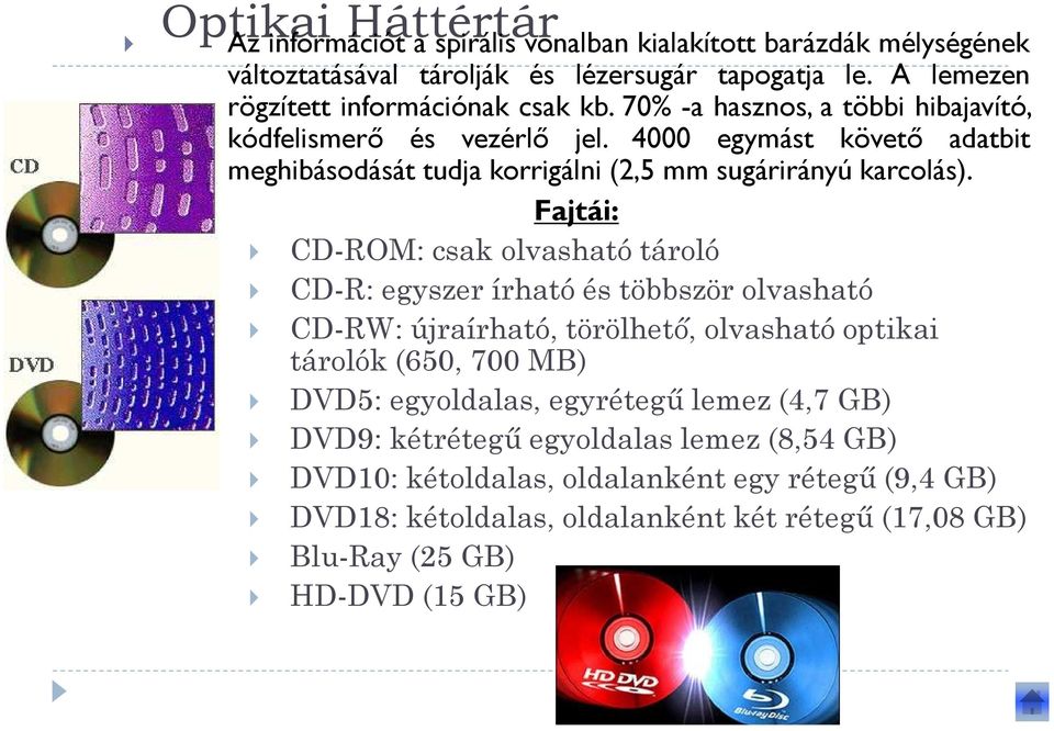 4000 egymást követő adatbit meghibásodását tudja korrigálni (2,5 mm sugárirányú karcolás).