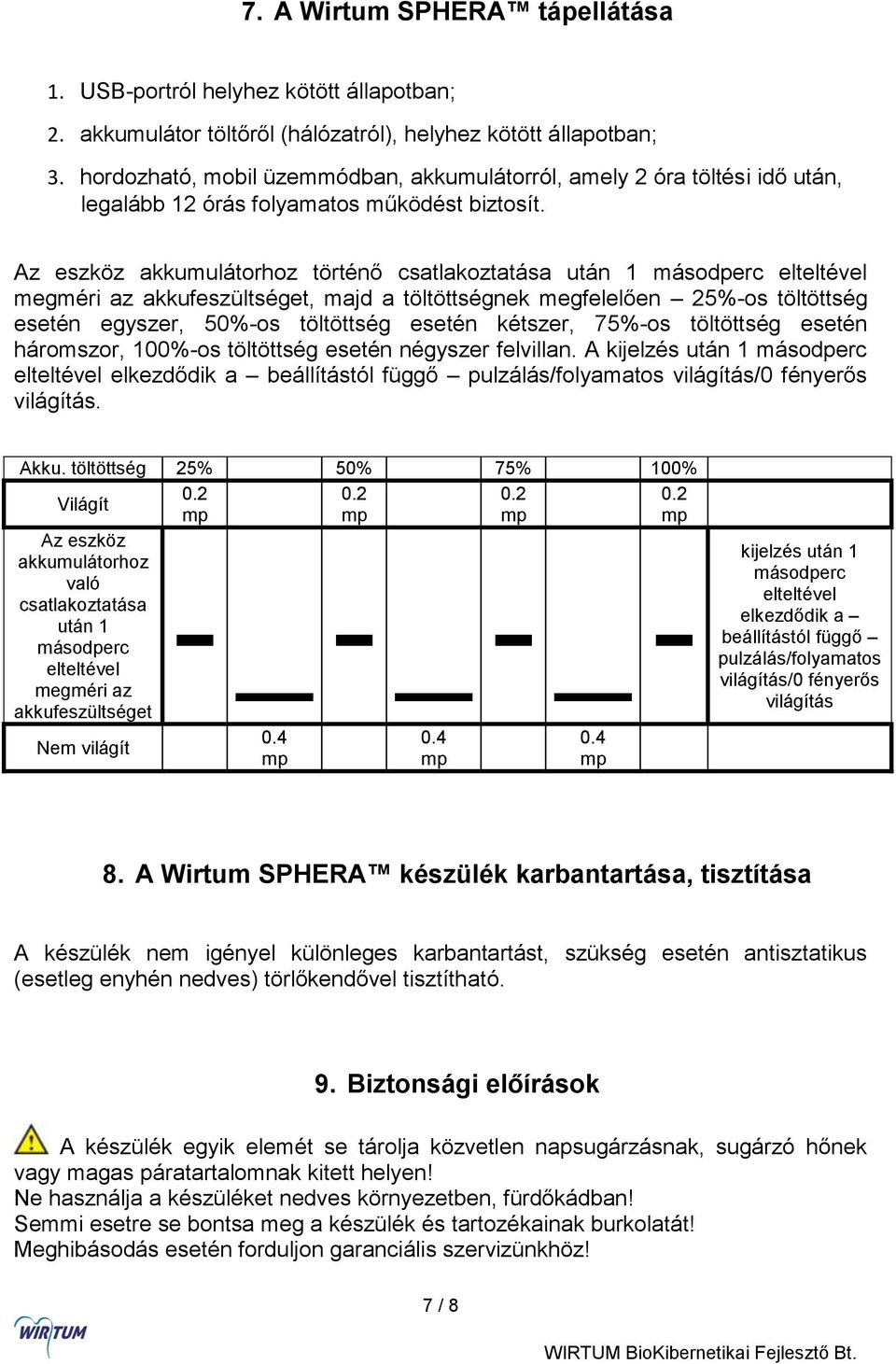 Az eszköz akkumulátorhoz történő csatlakoztatása után 1 másodperc elteltével megméri az akkufeszültséget, majd a töltöttségnek megfelelően 25%-os töltöttség esetén egyszer, 50%-os töltöttség esetén