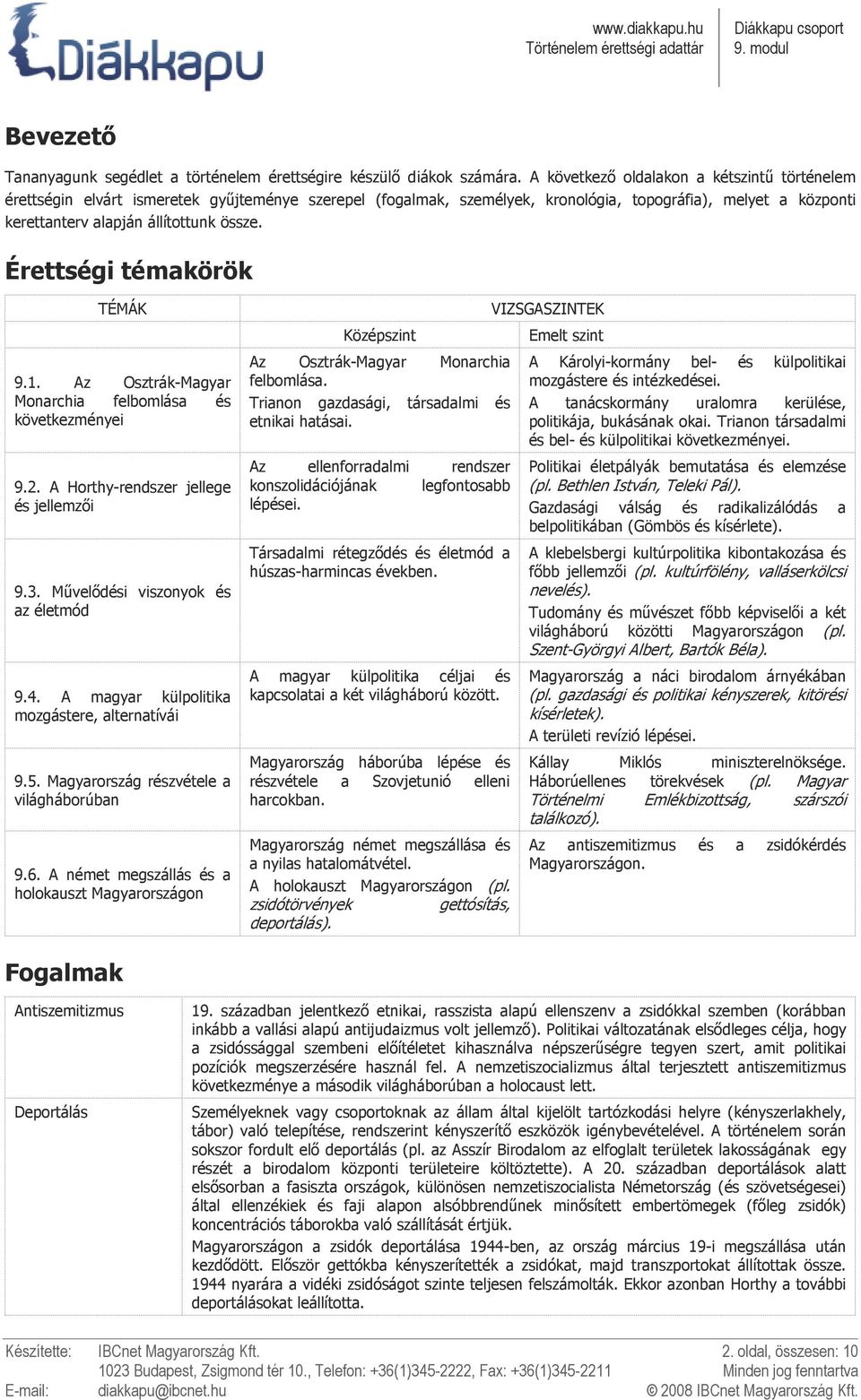 Érettségi témakörök TÉMÁK 9.1. Az Osztrák-Magyar Monarchia felbomlása és következményei 9.2. A Horthy-rendszer jellege és jellemzıi 9.3. Mővelıdési viszonyok és az életmód 9.4.