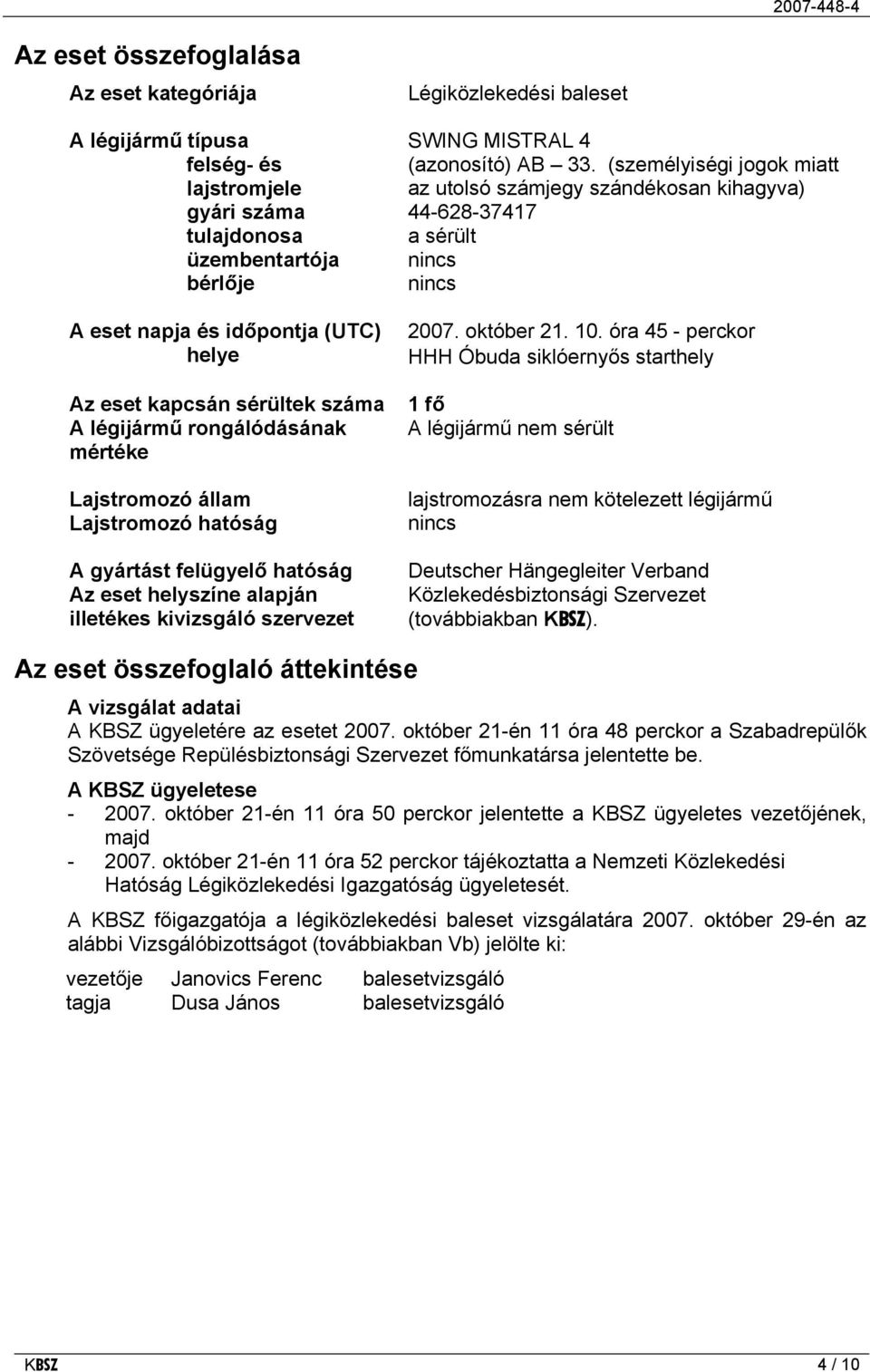 kapcsán sérültek száma A légijármű rongálódásának mértéke Lajstromozó állam Lajstromozó hatóság A gyártást felügyelő hatóság Az eset helyszíne alapján illetékes kivizsgáló szervezet 2007. október 21.