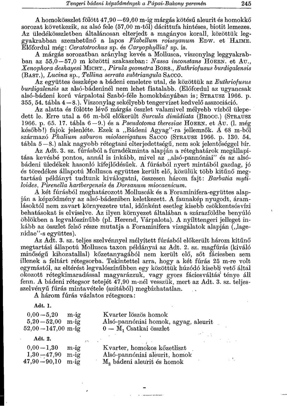 A márgás sorozatban aránylag kevés a Mollusca, viszonylag leggyakrabban az 55,0 57,0 m közötti szakaszban: Nassa inconstans H oekjst. et Au., Xenophora deshayesi M ic h t., Pirula geometra B ors.