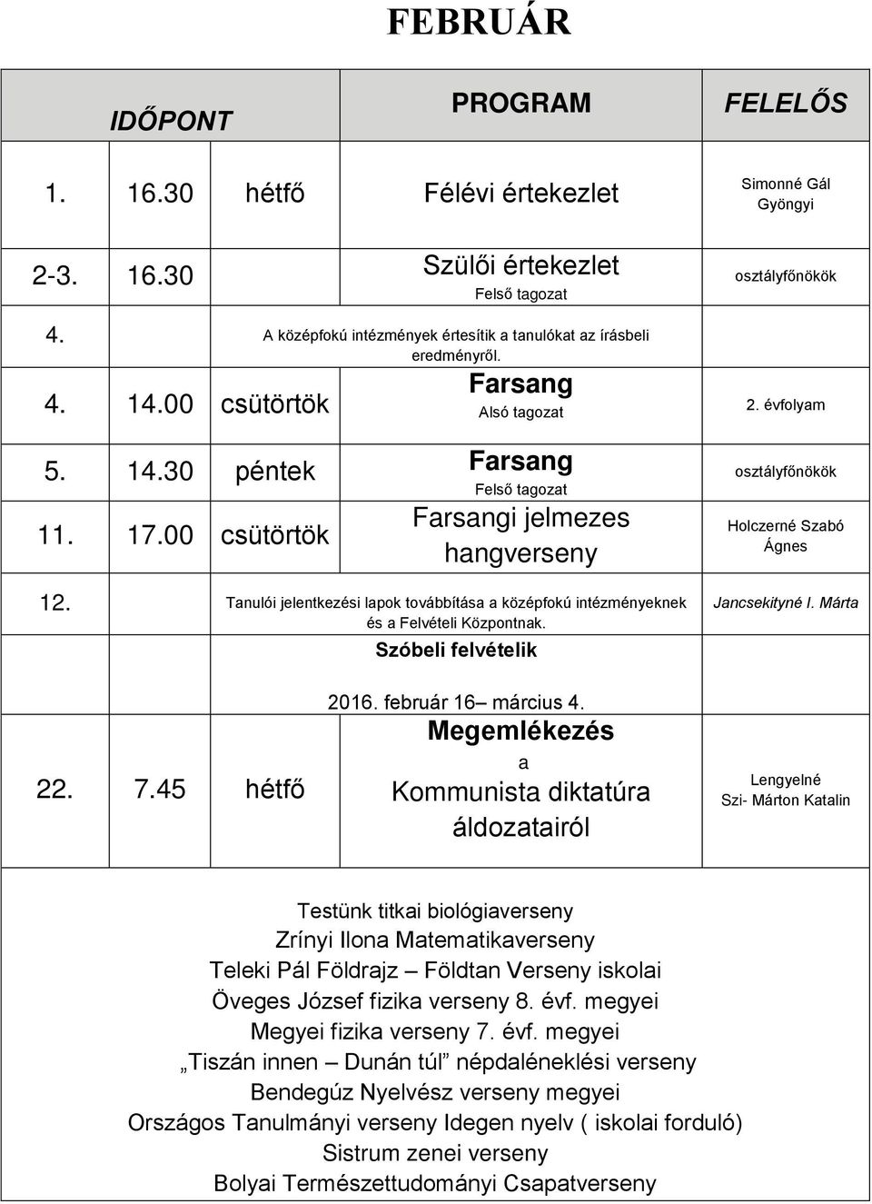 Tanulói jelentkezési lapok továbbítása a középfokú intézményeknek és a Felvételi Központnak. Szóbeli felvételik Simonné Gál Gyöngyi 2. évfolyam Holczerné Szabó Ágnes Jancsekityné I. Márta 22. 7.