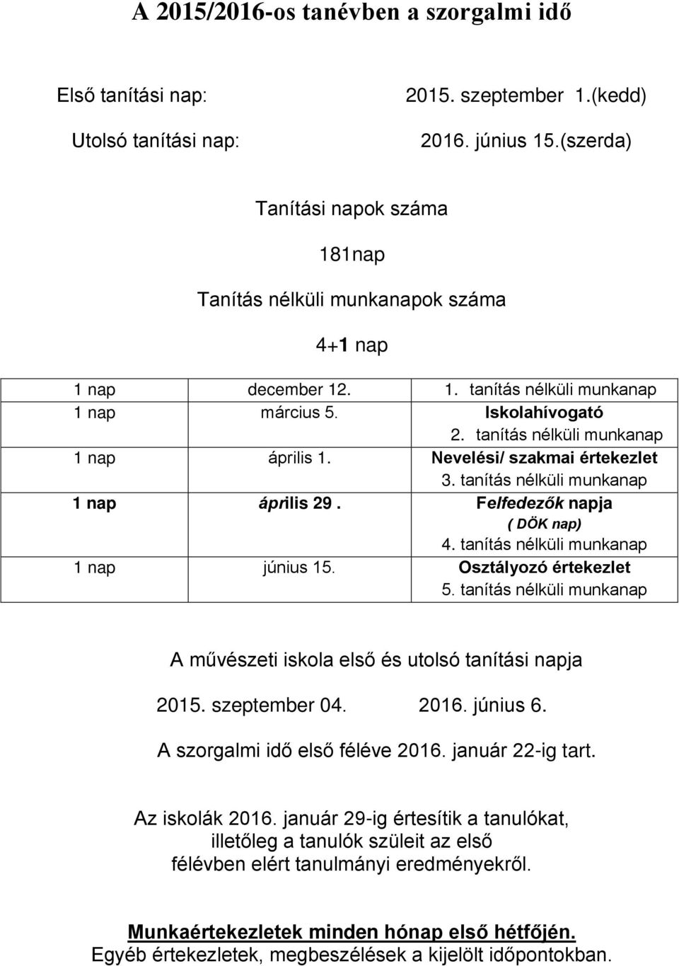 tanítás nélküli munkanap 1 nap április 1. Nevelési/ szakmai értekezlet 3. tanítás nélküli munkanap 1 nap április 29. Felfedezők napja ( DÖK nap) 4. tanítás nélküli munkanap 1 nap június 15.