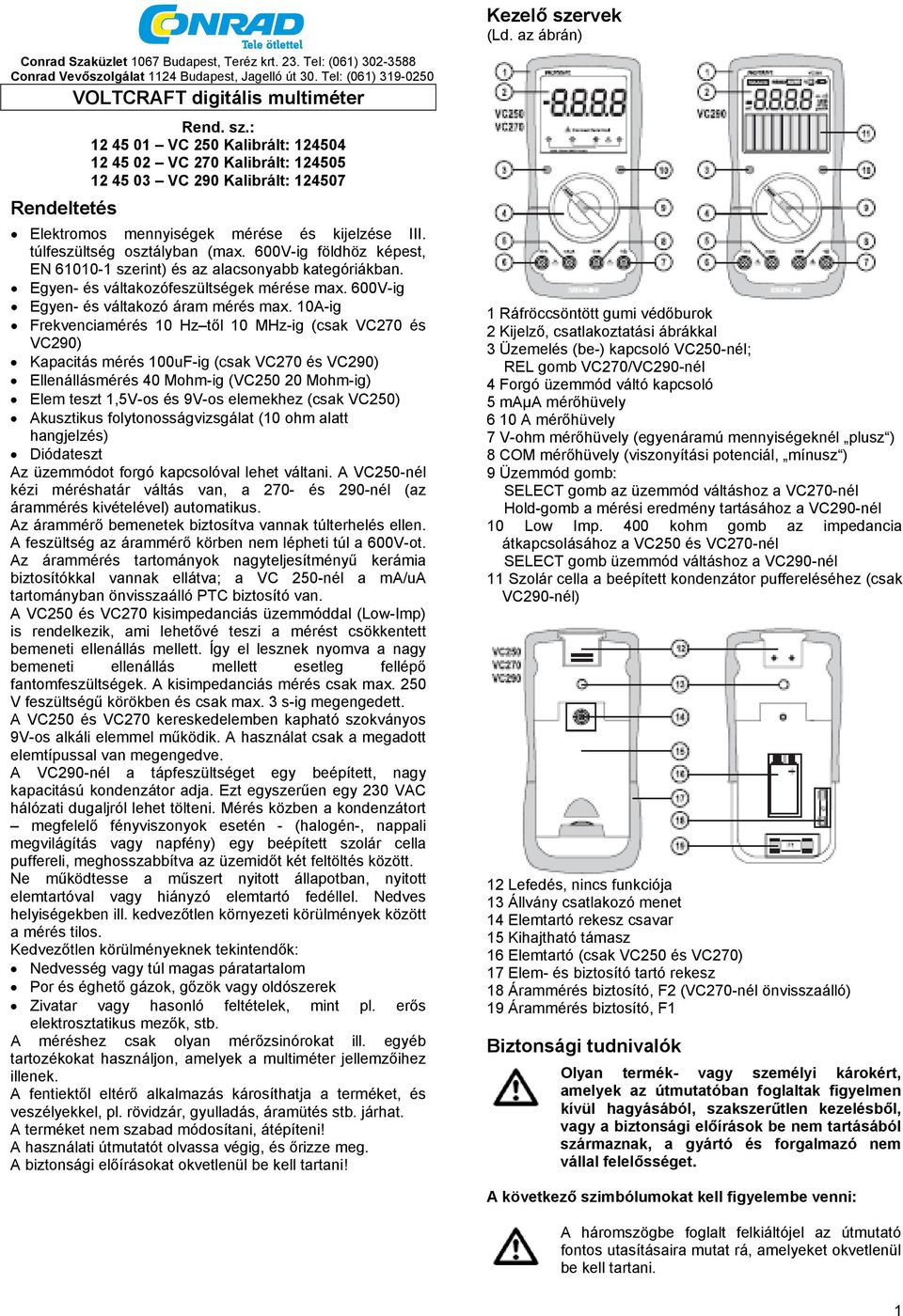 : 12 45 01 VC 250 Kalibrált: 124504 12 45 02 VC 270 Kalibrált: 124505 12 45 03 VC 290 Kalibrált: 124507 Rendeltetés Elektromos mennyiségek mérése és kijelzése III. túlfeszültség osztályban (max.