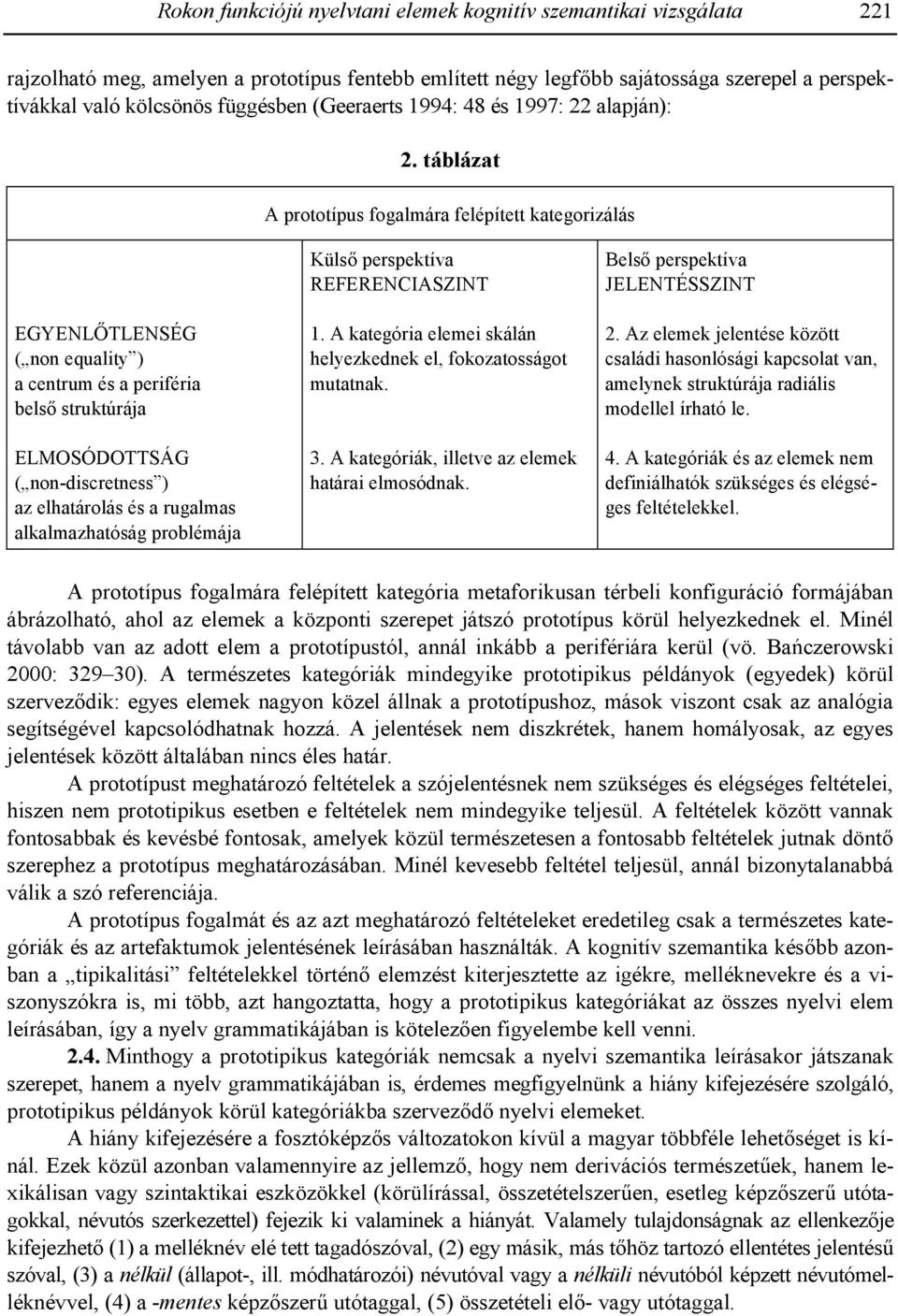 táblázat A prototípus fogalmára felépített kategorizálás EGYENL^TLENSÉG ( non equality ) a centrum és a periféria bels struktúrája ELMOSÓDOTTSÁG ( non-discretness ) az elhatárolás és a rugalmas