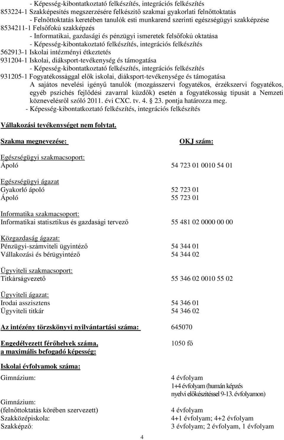 562913-1 Iskolai intézményi étkeztetés 931204-1 Iskolai, diáksport-tevékenység és támogatása - Képesség-kibontatkoztató felkészítés, integrációs felkészítés 931205-1 Fogyatékossággal elők iskolai,