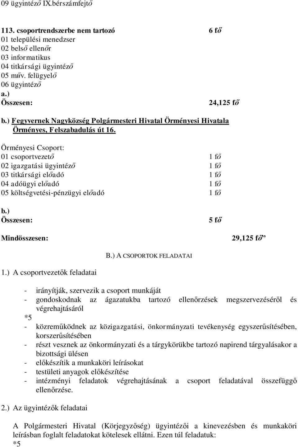 Örményesi Csoport: 01 csoportvezető 1 fő 02 igazgatási ügyintéző 1 fő 03 titkársági előadó 1 fő 04 adóügyi előadó 1 fő 05 költségvetési-pénzügyi előadó 1 fő b.