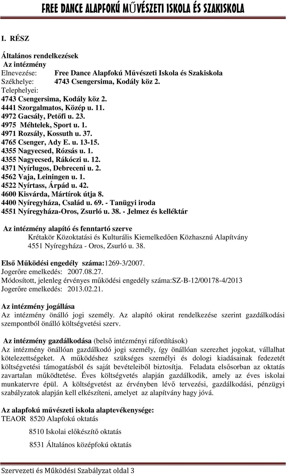 12. 4371 Nyírlugos, Debreceni u. 2. 4562 Vaja, Leiningen u. 1. 4522 Nyírtass, Árpád u. 42. 4600 Kisvárda, Mártírok útja 8. 4400 Nyíregyháza, Család u. 69.