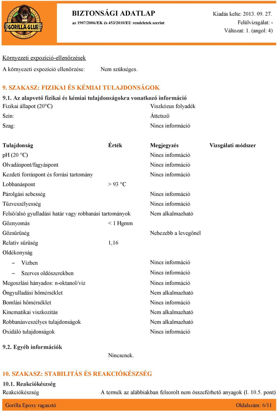 Olvadáspont/fagyáspont Kezdeti forráspont és forrási tartomány Lobbanáspont > 93 C Párolgási sebesség Tűzveszélyesség Felső/alsó gyulladási határ vagy robbanási tartományok Nem alkalmazható Gőznyomás