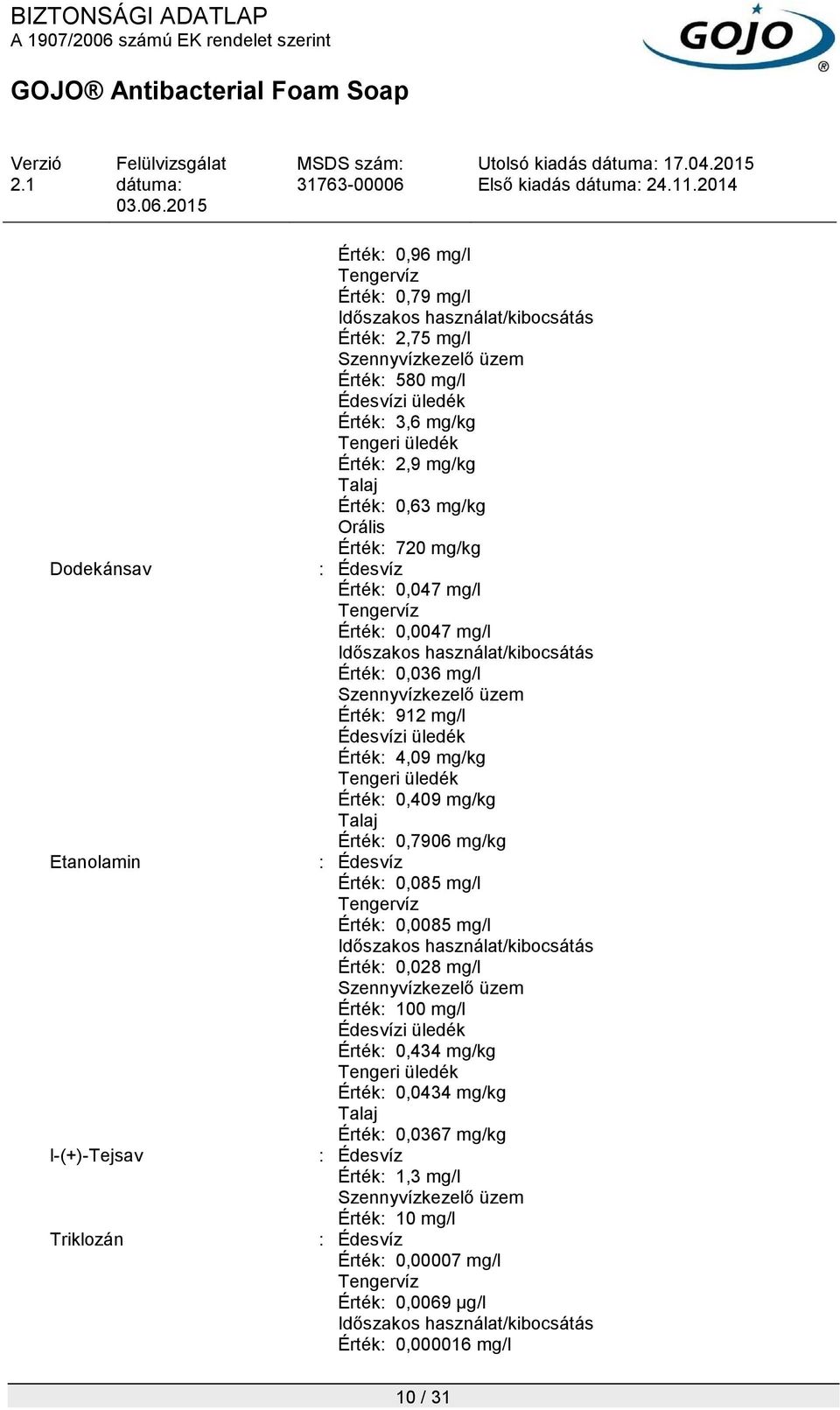 Szennyvízkezelő üzem Érték: 912 mg/l Édesvízi üledék Érték: 4,09 mg/kg Tengeri üledék Érték: 0,409 mg/kg Talaj Érték: 0,7906 mg/kg : Édesvíz Érték: 0,085 mg/l Tengervíz Érték: 0,0085 mg/l Időszakos