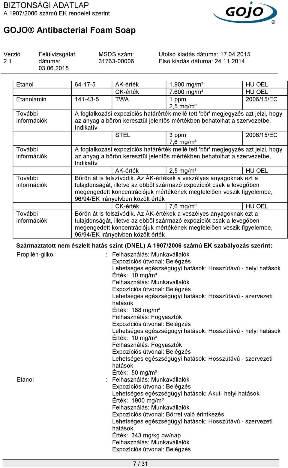 jelentős mértékben behatolhat a szervezetbe, Indikatív STEL 3 ppm 2006/15/EC További információk További információk További információk 7,6 mg/m³ A foglalkozási expozíciós határérték mellé tett