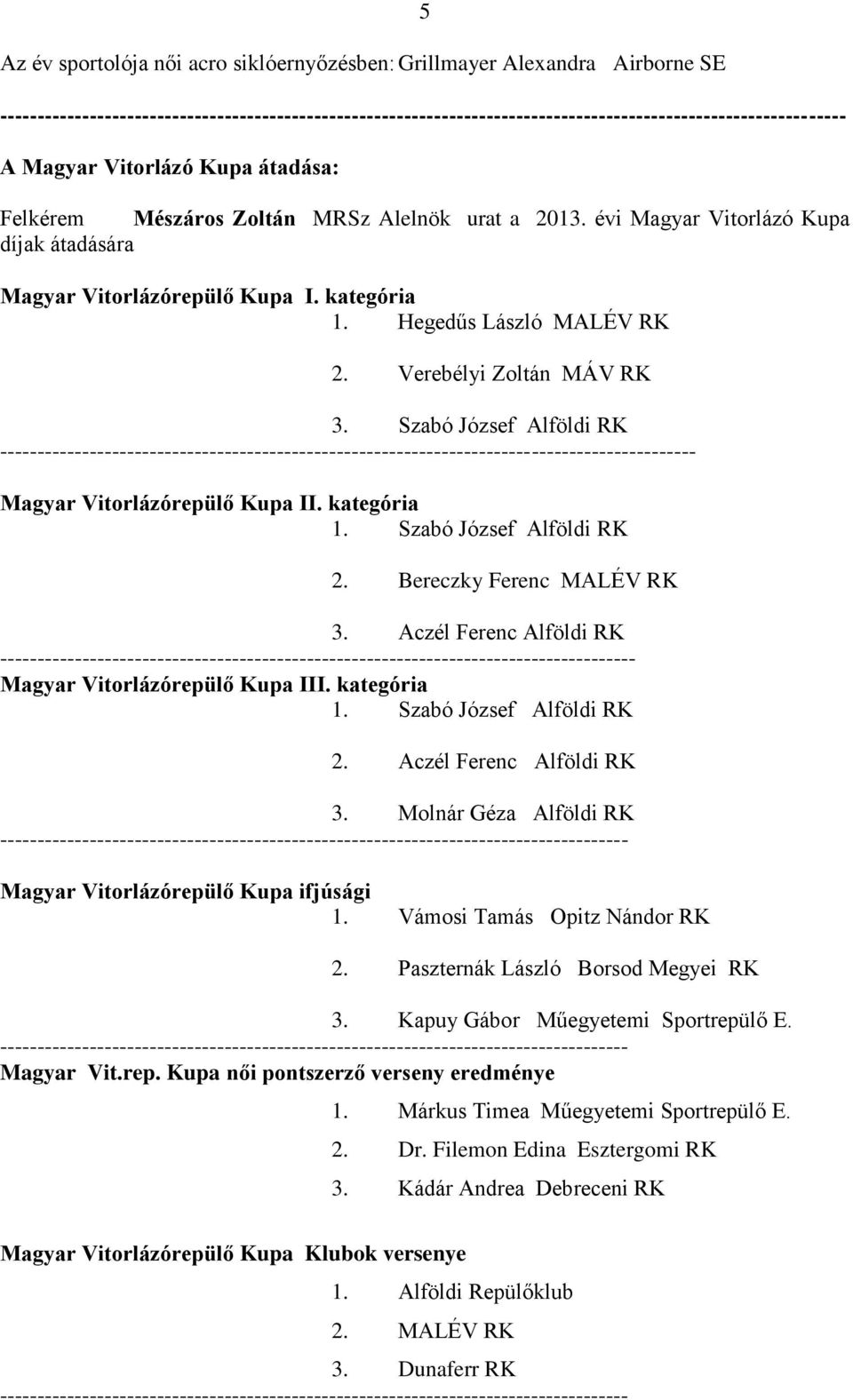 Verebélyi Zoltán MÁV RK 3. Szabó József Alföldi RK --------------------------------------------------------------------------------------------- Magyar Vitorlázórepülő Kupa II. kategória 1.