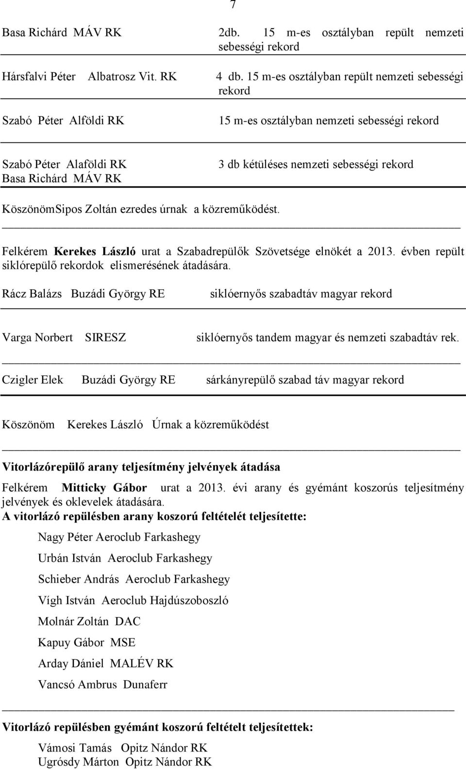 ezredes úrnak a közreműködést. Felkérem Kerekes László urat a Szabadrepülők Szövetsége elnökét a 2013. évben repült siklórepülő rekordok elismerésének átadására.