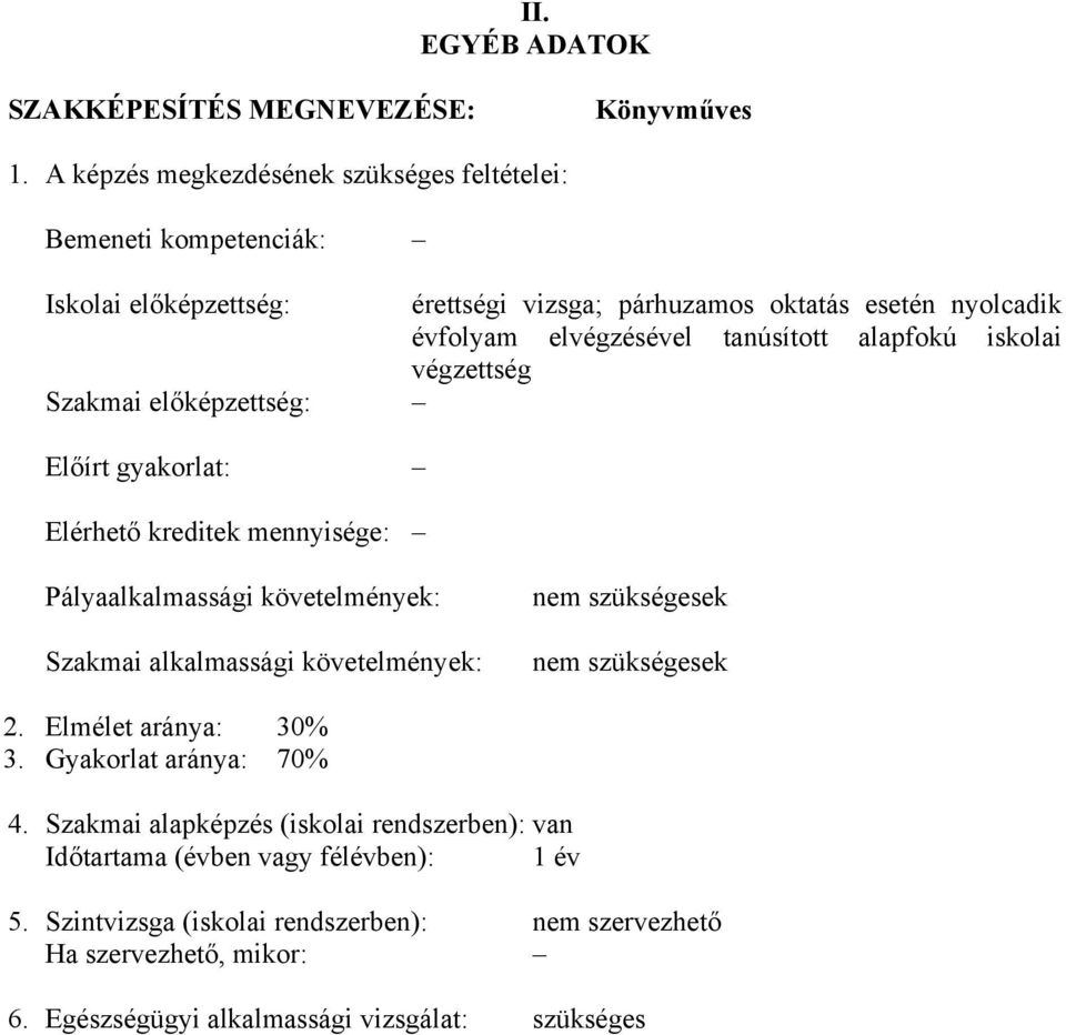 tanúsított alapfokú iskolai végzettség Szakmai előképzettség: Előírt gyakorlat: Elérhető kreditek mennyisége: Pályaalkalmassági követelmények: Szakmai alkalmassági