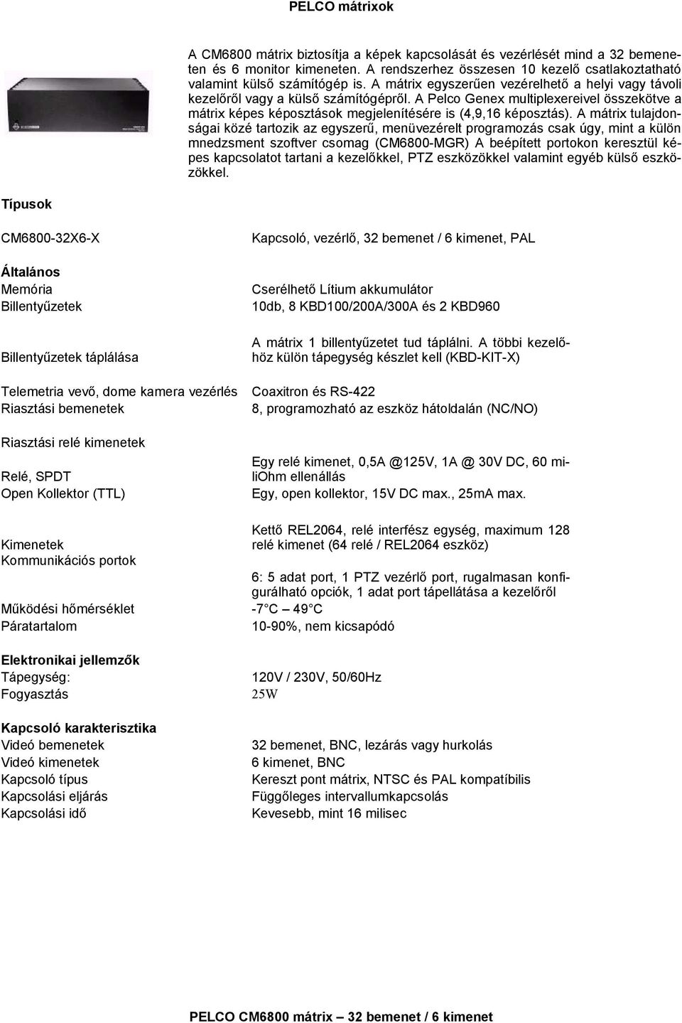 A mátrix tulajdonságai közé tartozik az egyszerű, menüvezérelt programozás csak úgy, mint a külön mnedzsment szoftver csomag (CM6800-MGR) A beépített portokon keresztül képes kapcsolatot tartani a