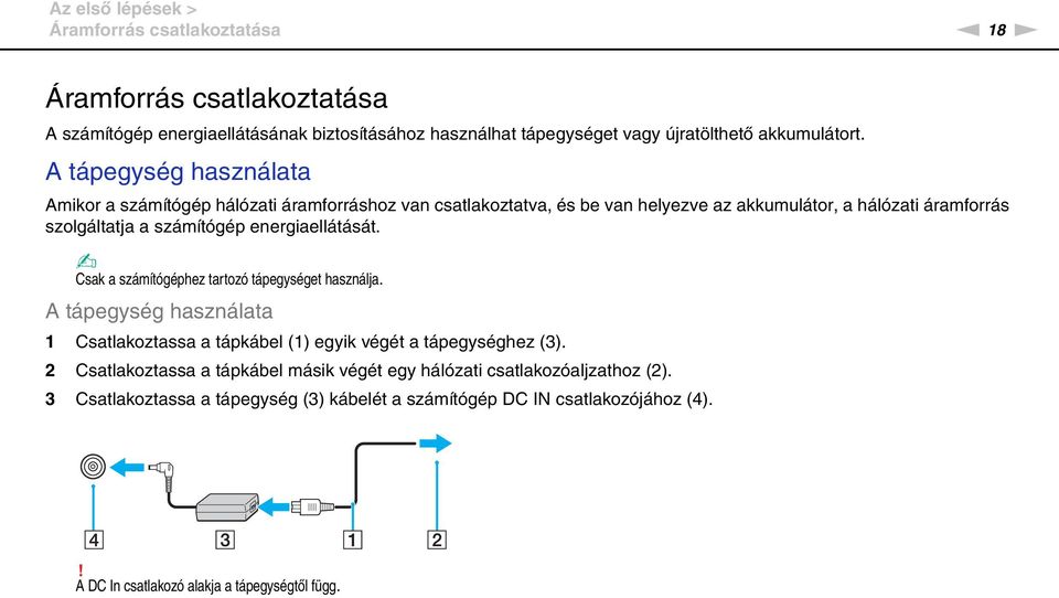 energiaellátását. Csak a számítógéphez tartozó tápegységet használja. A tápegység használata 1 Csatlakoztassa a tápkábel (1) egyik végét a tápegységhez (3).