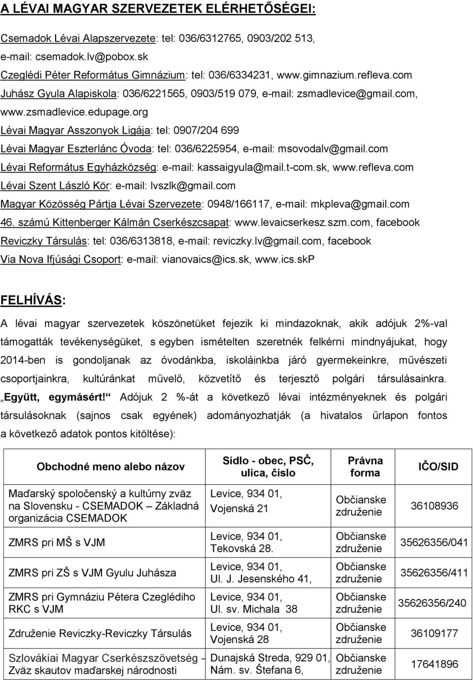 org Lévai Magyar Asszonyok Ligája: tel: 0907/204 699 Lévai Magyar Eszterlánc Óvoda: tel: 036/6225954, e-mail: msovodalv@gmail.com Lévai Református Egyházközség: e-mail: kassaigyula@mail.t-com.sk, www.