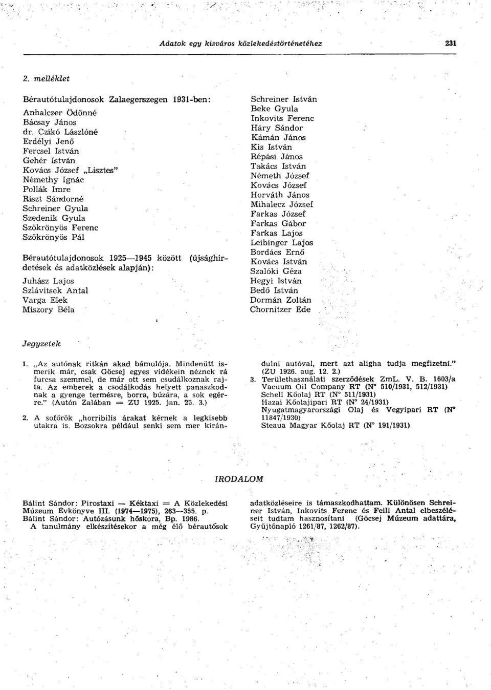 Bérautótulajdonosok 1925 1945 között detések és adatközlések alapján) : Juhász Lajos Szlávitsek Antal Varga Elek Miszory Béla (újsághir- Schreiner István Веке Gyula Inkovits Ferenc Háry Sándor Kámán