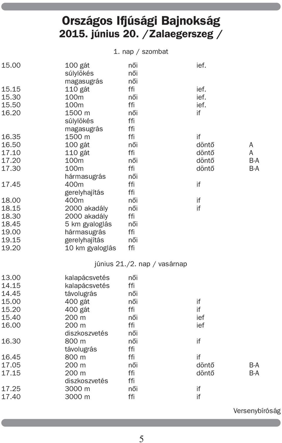 45 400m ffi if gerelyhajítás ffi 18.00 400m nõi if 18.15 2000 akadály nõi if 18.30 2000 akadály ffi 18.45 5 km gyaloglás nõi 19.00 hármasugrás ffi 19.15 gerelyhajítás nõi 19.