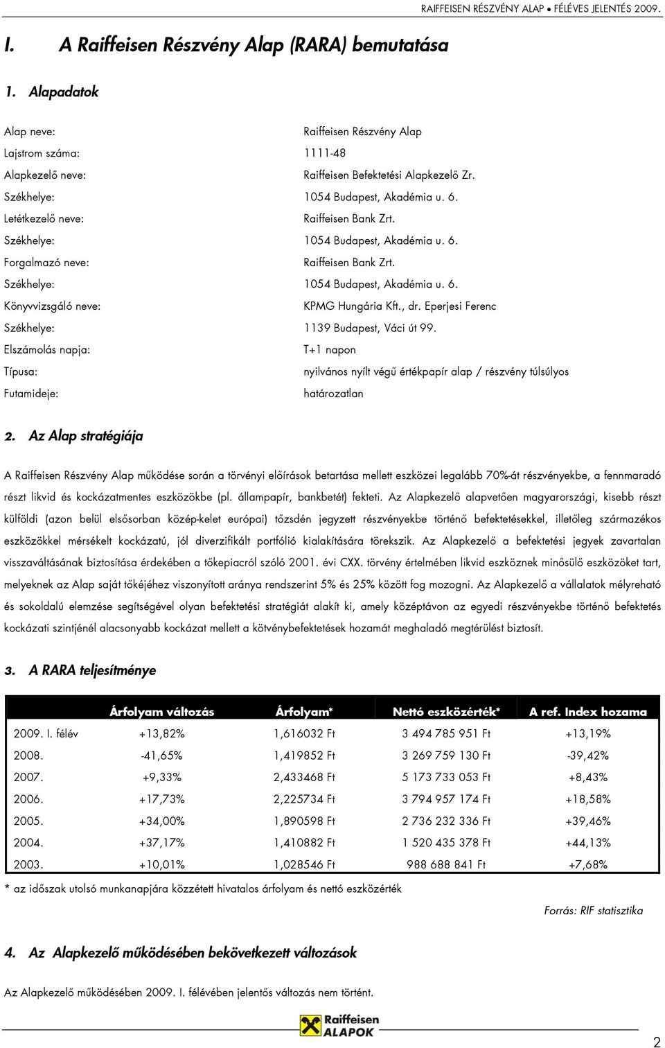 , dr. Eperjesi Ferenc Székhelye: 1139 Budapest, Váci út 99. Elszámolás napja: Típusa: Futamideje: T+1 napon nyilvános nyílt végű értékpapír alap / részvény túlsúlyos határozatlan 2.