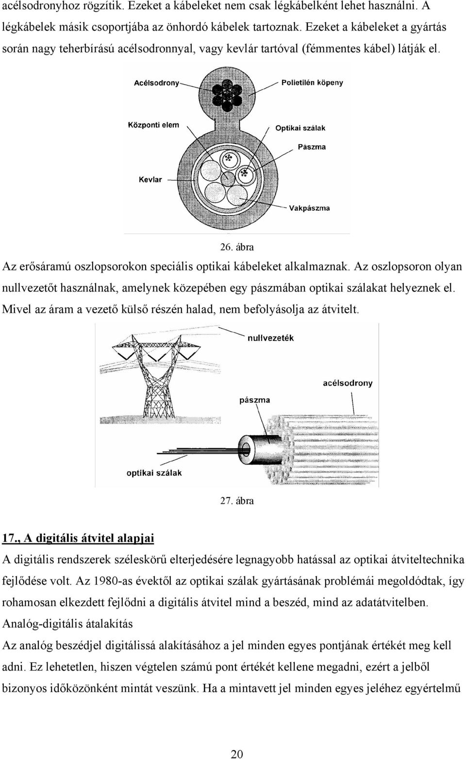 Az oszlopsoron olyan nullvezetőt használnak, amelynek közepében egy pászmában optikai szálakat helyeznek el. Mivel az áram a vezető külső részén halad, nem befolyásolja az átvitelt. 27. ábra 17.