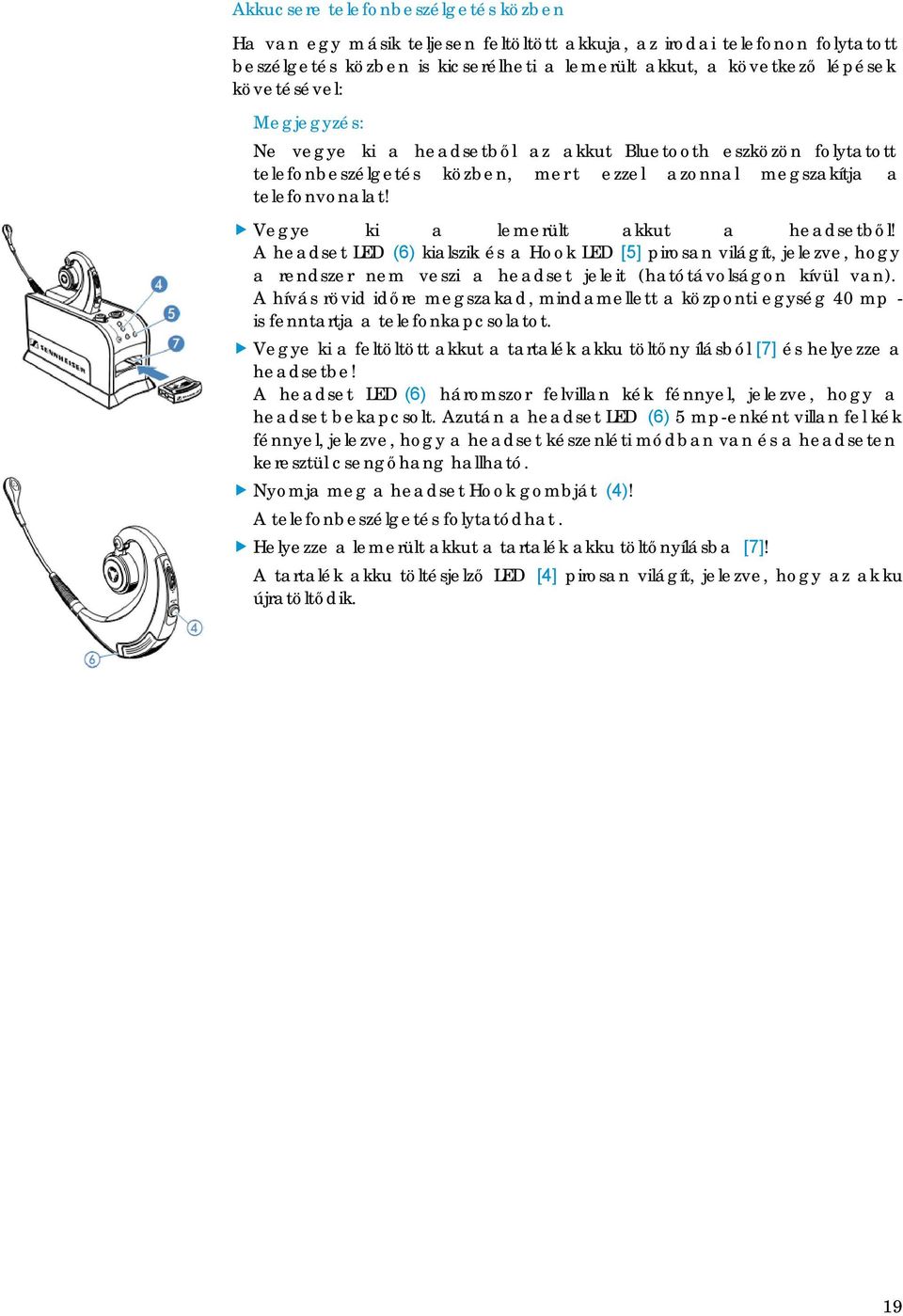 A headset LED (6) kialszik és a Hook LED [5] pirosan világít, jelezve, hogy a rendszer nem veszi a headset jeleit (hatótávolságon kívül van).