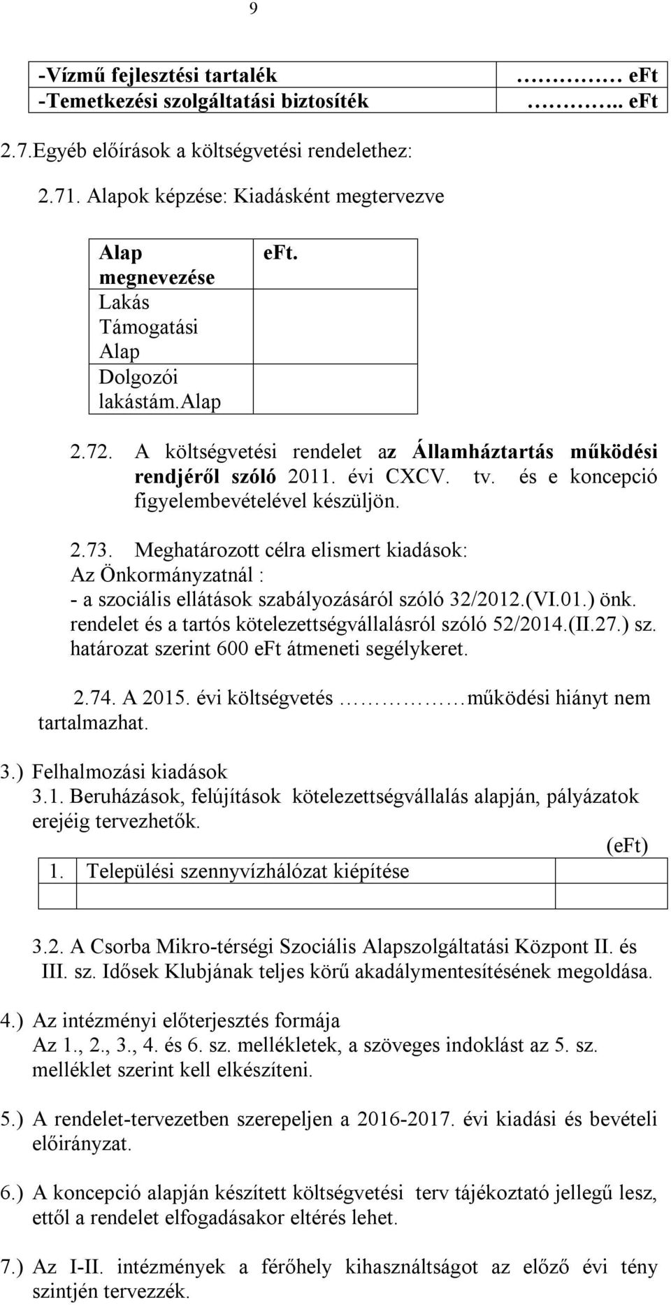 és e koncepció figyelembevételével készüljön. 2.73. Meghatározott célra elismert kiadások: Az Önkormányzatnál : - a szociális ellátások szabályozásáról szóló 32/2012.(VI.01.) önk.