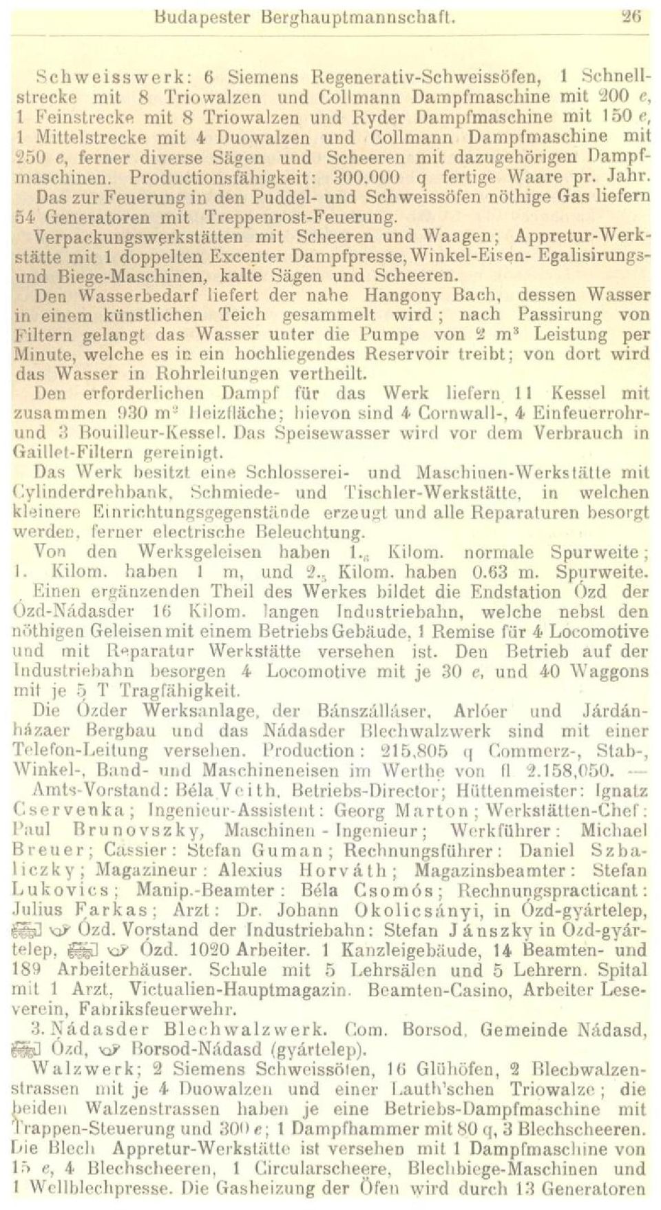 Mittelstrecke mit 4 Duowalzen und Collmann Dampfmaschine mit 250 e, ferner diverse Sägen und Scheeren mit dazugehörigen Dampfmaschinen. Productionsfähigkeit: 300.000 q fertige Waare pr. Jahr.