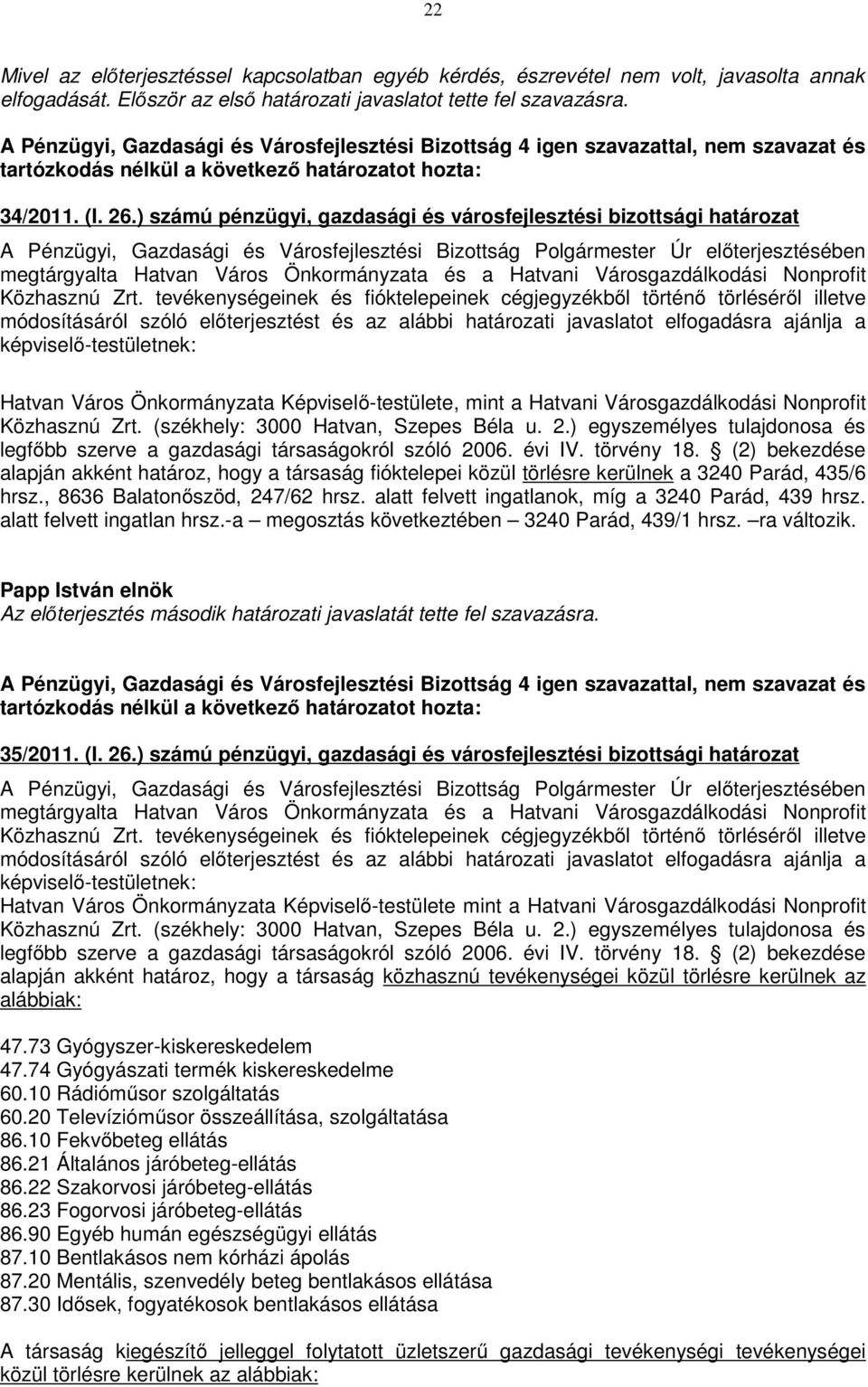 Város Önkormányzata Képviselő-testülete, mint a Hatvani Városgazdálkodási Nonprofit Közhasznú Zrt. (székhely: 3000 Hatvan, Szepes Béla u. 2.