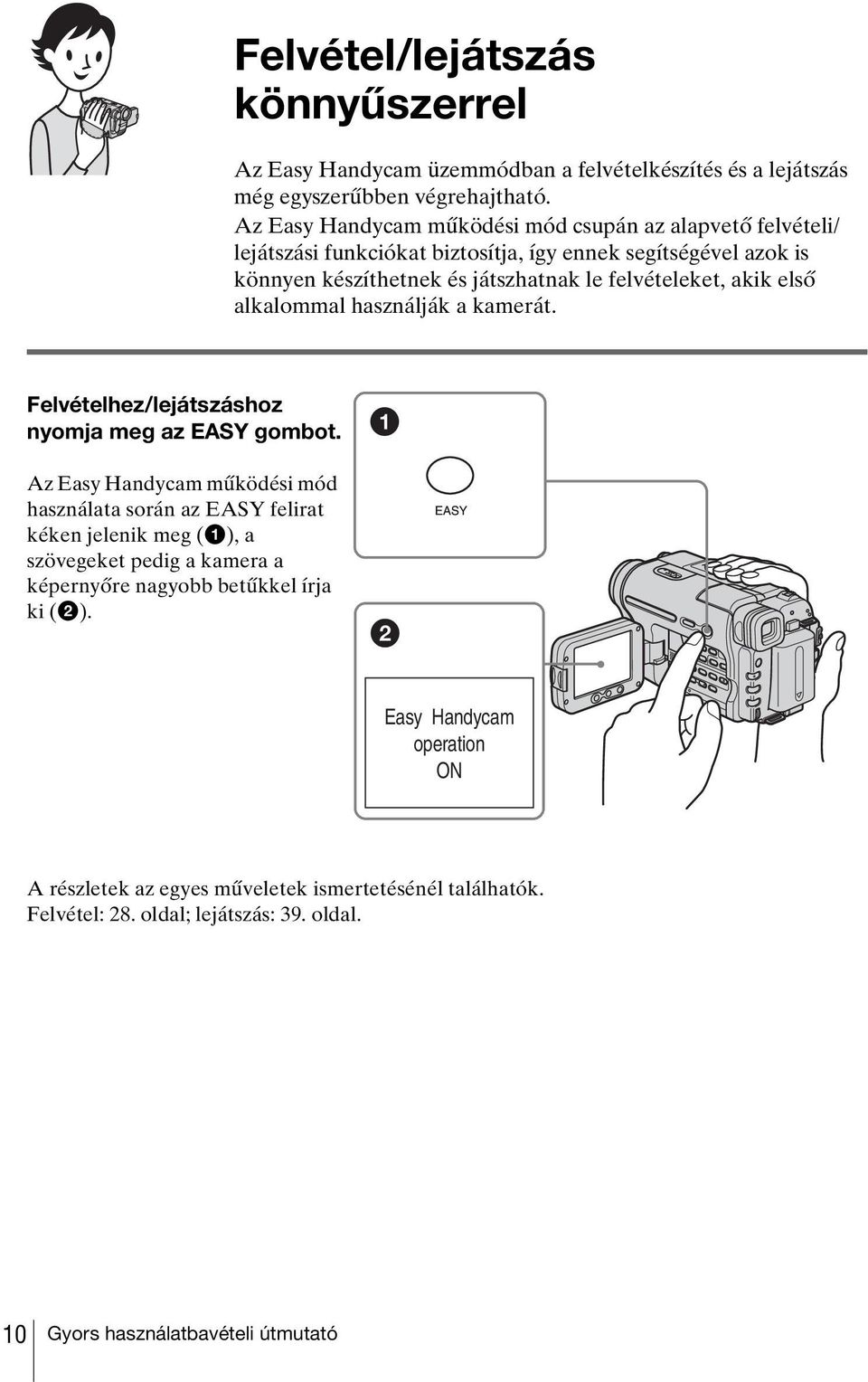 akik első alkalommal használják a kamerát. Felvételhez/lejátszáshoz nyomja meg az EASY gombot.