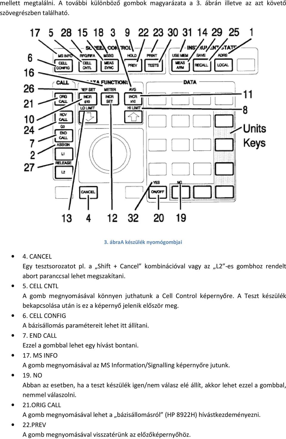 A Teszt készülék bekapcsolása után is ez a képernyő jelenik először meg. 6. CELL CONFIG A bázisállomás paramétereit lehet itt állítani. 7. END CALL Ezzel a gombbal lehet egy hívást bontani. 17.