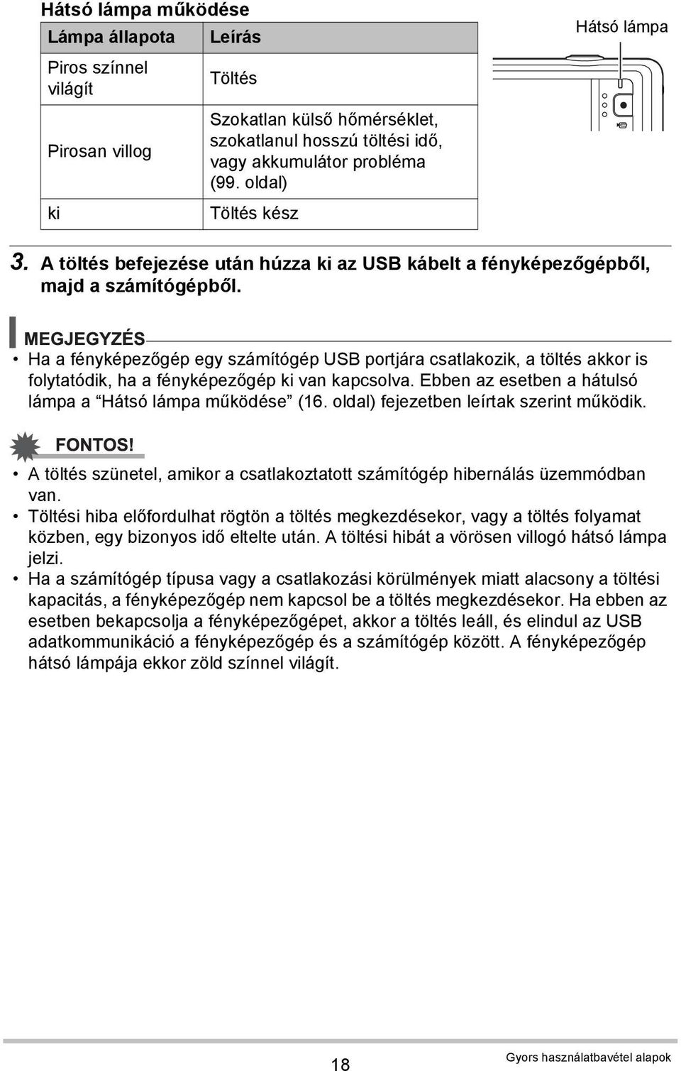 Ha a fényképezőgép egy számítógép USB portjára csatlakozik, a töltés akkor is folytatódik, ha a fényképezőgép ki van kapcsolva. Ebben az esetben a hátulsó lámpa a Hátsó lámpa működése (16.