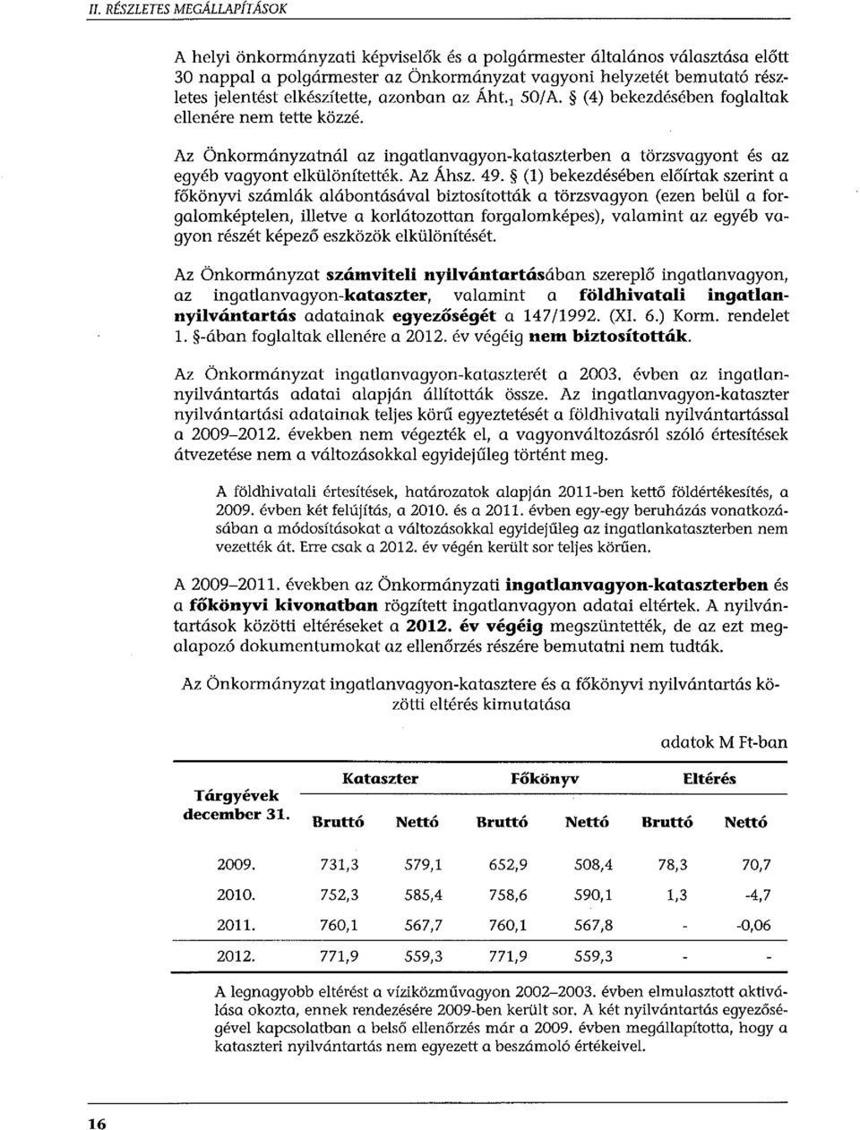 49. (l) bekezdésében előírtak szerint a főkönyvi számlák alábontásával biztosították a törzsvagyon (ezen belül a forgalomképtelen, illetve a korlátozottan forgalomképes), valamint az egyéb vagyon