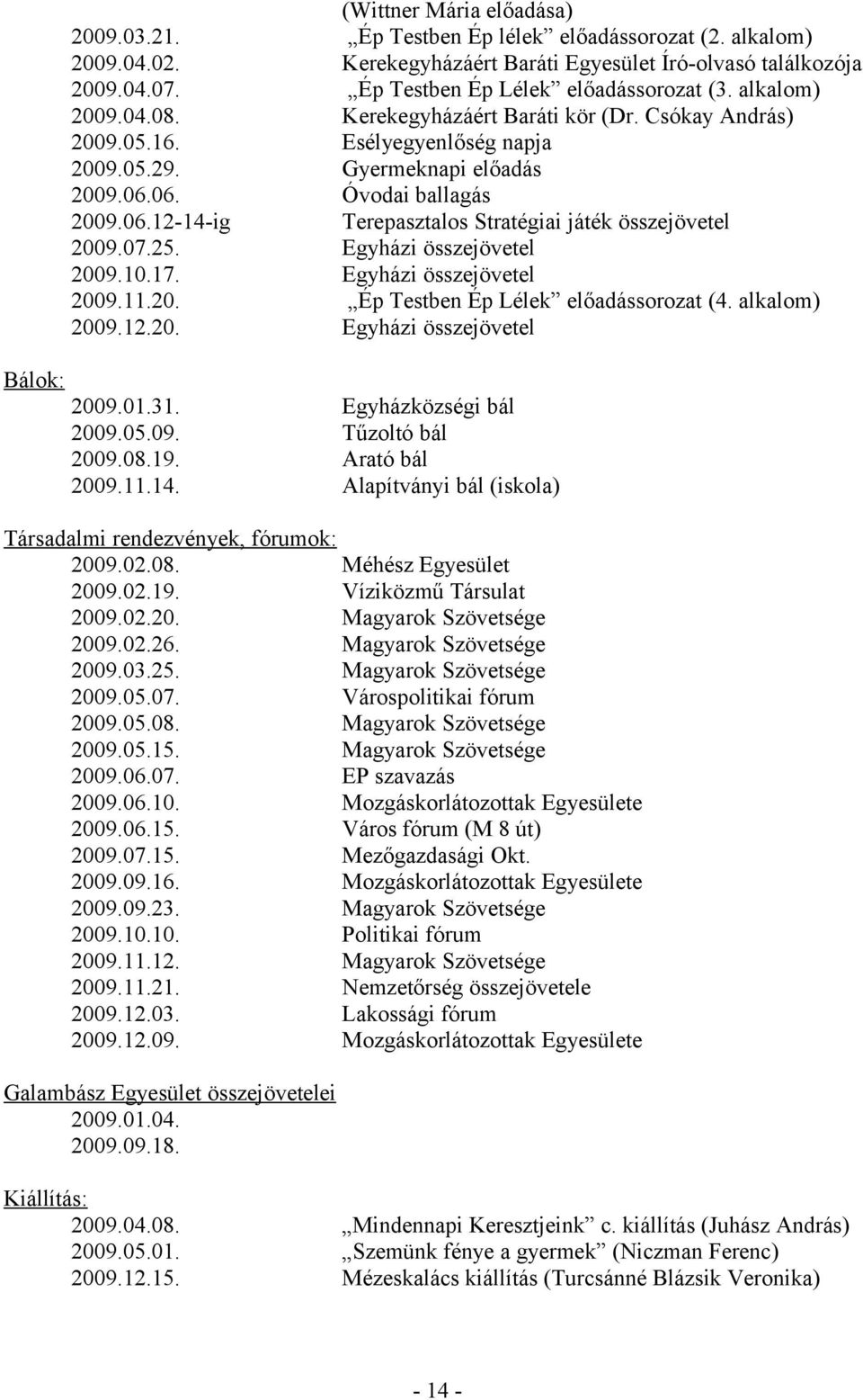 Csókay András) Esélyegyenlőség napja Gyermeknapi előadás Óvodai ballagás Terepasztalos Stratégiai játék összejövetel Egyházi összejövetel Egyházi összejövetel Ép Testben Ép Lélek előadássorozat (4.