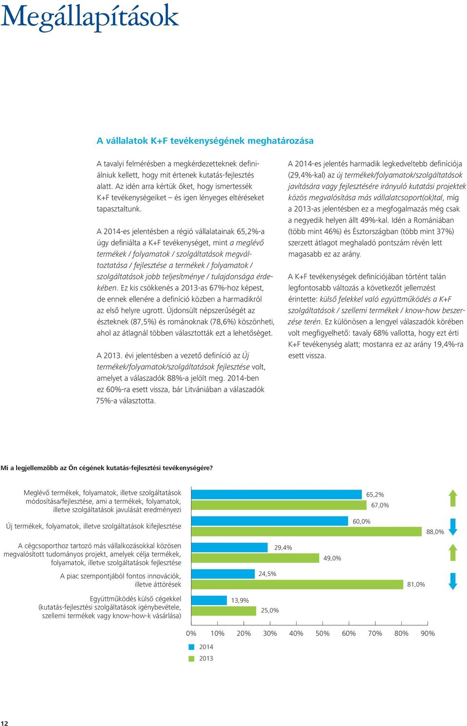 A 2014-es jelentésben a régió vállalatainak 65,2%-a úgy definiálta a K+F tevékenységet, mint a meglévő termékek / folyamatok / szolgáltatások megváltoztatása / fejlesztése a termékek / folyamatok /